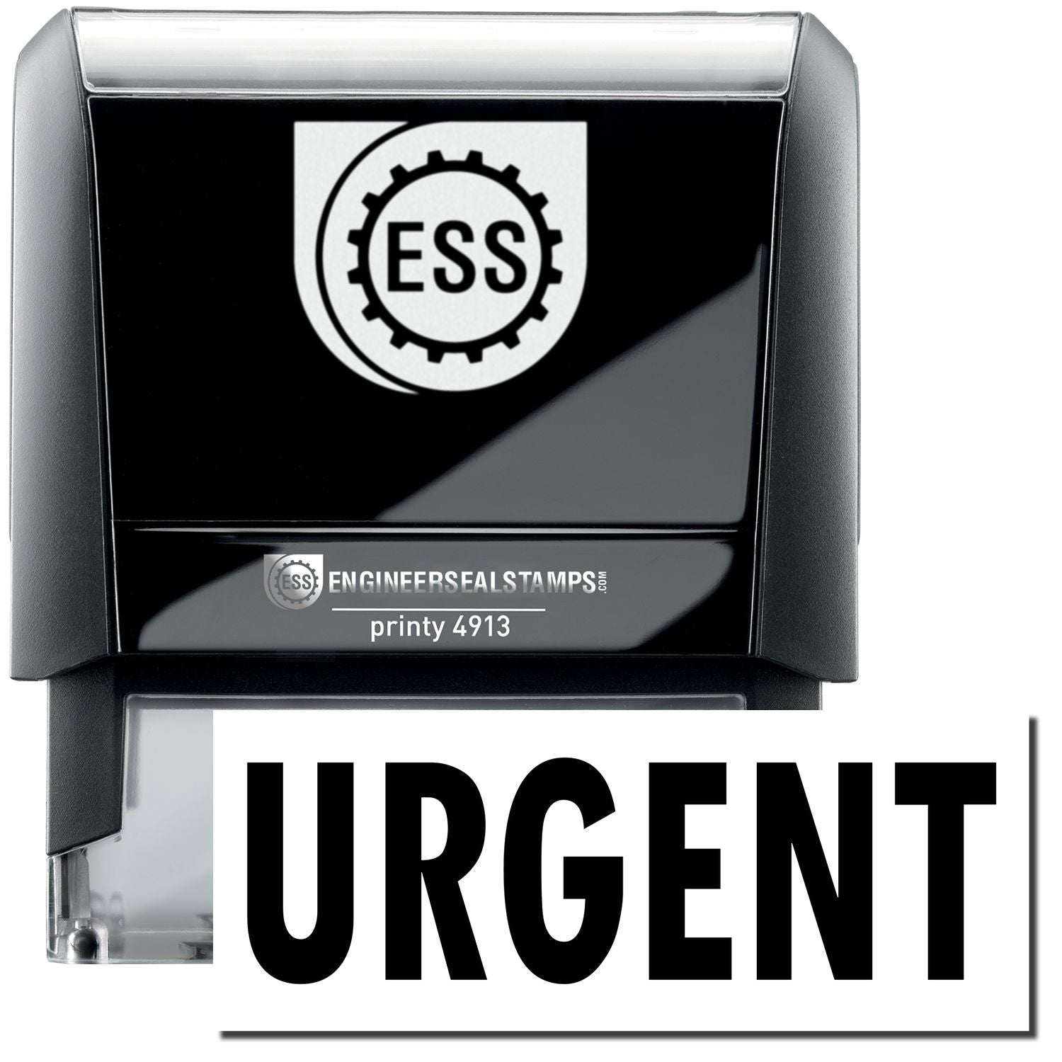 A self-inking stamp with a stamped image showing how the text "URGENT" in a large bold font is displayed by it.
