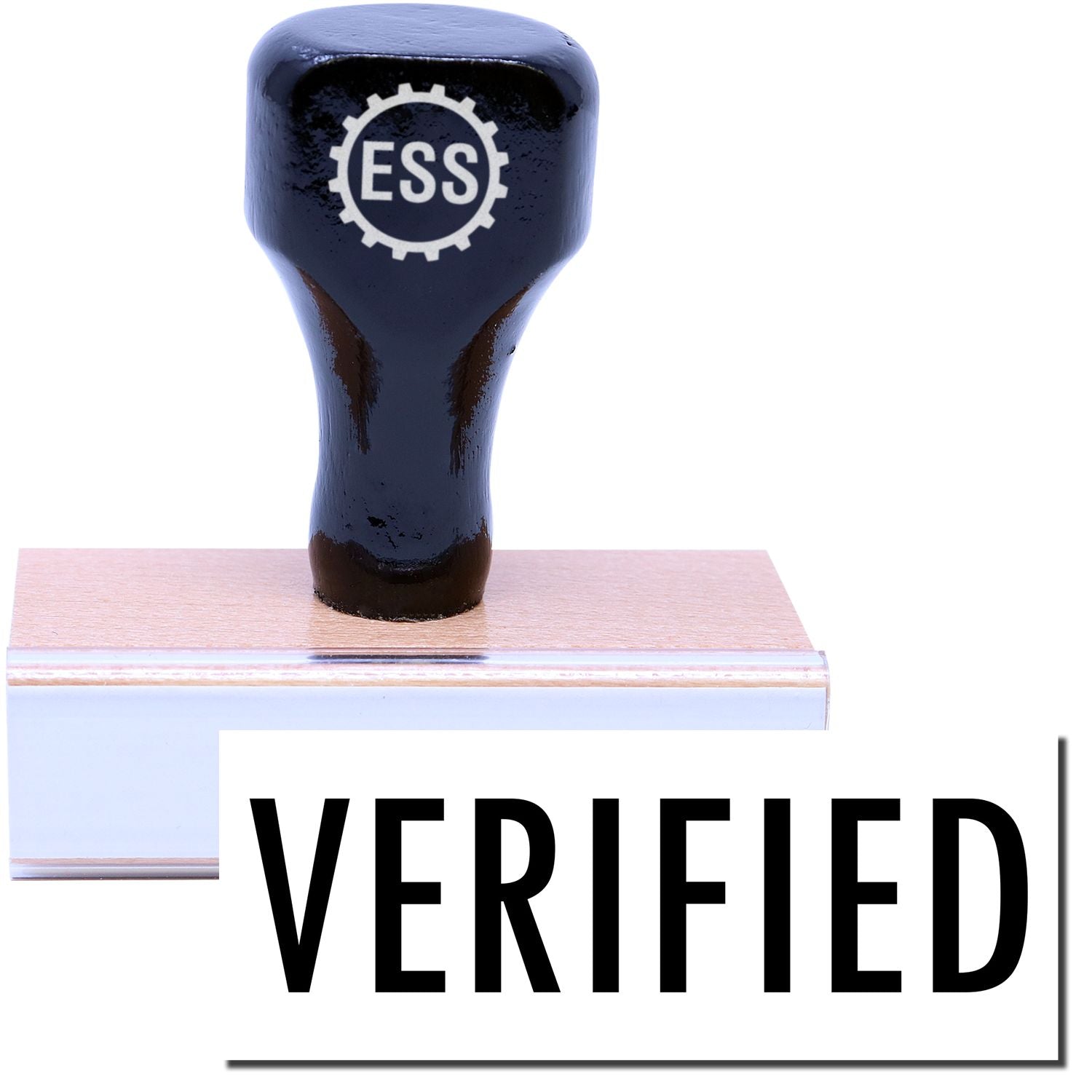 A stock office rubber stamp with a stamped image showing how the text "VERIFIED" in a large font is displayed after stamping.