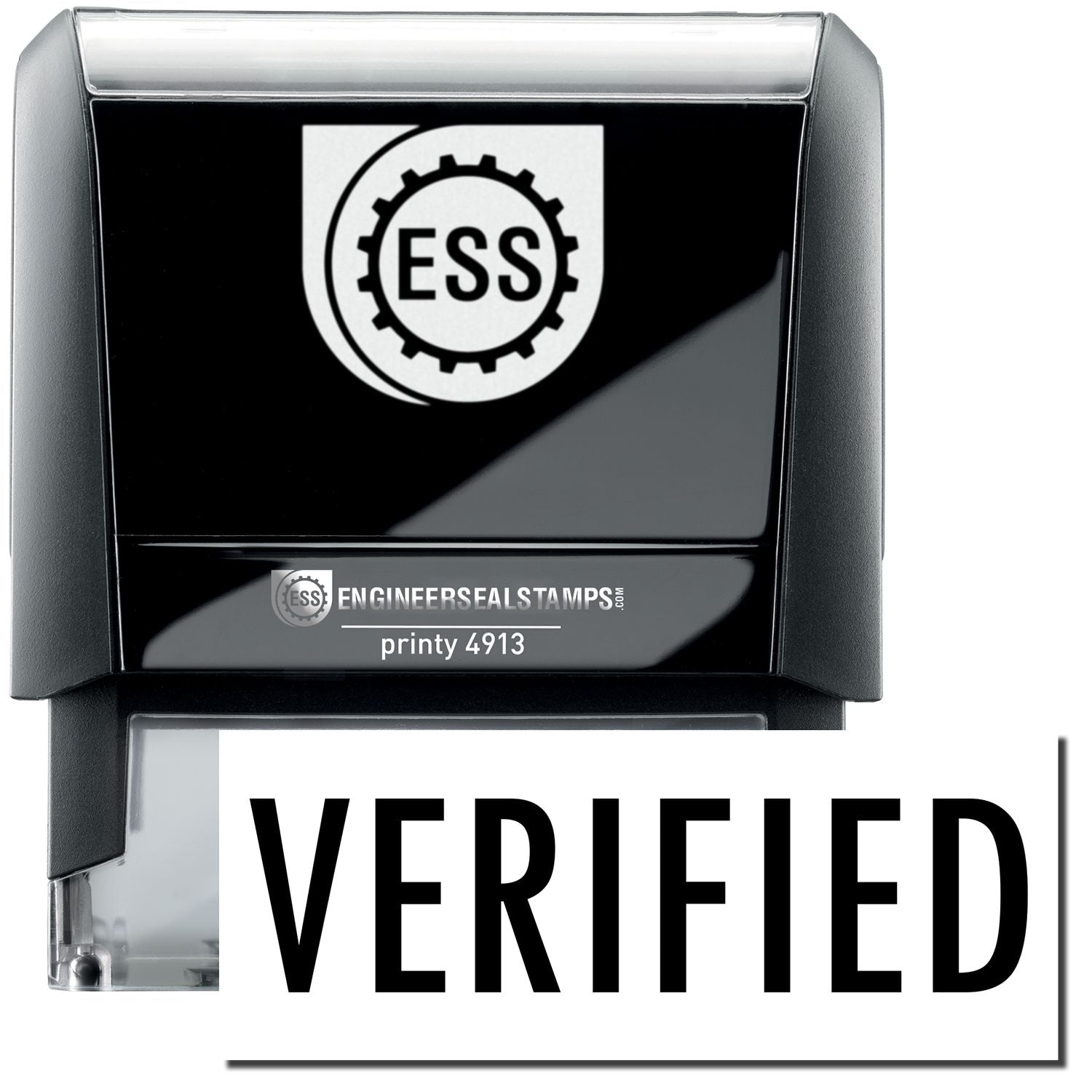 A self-inking stamp with a stamped image showing how the text VERIFIED in a large bold font is displayed by it.