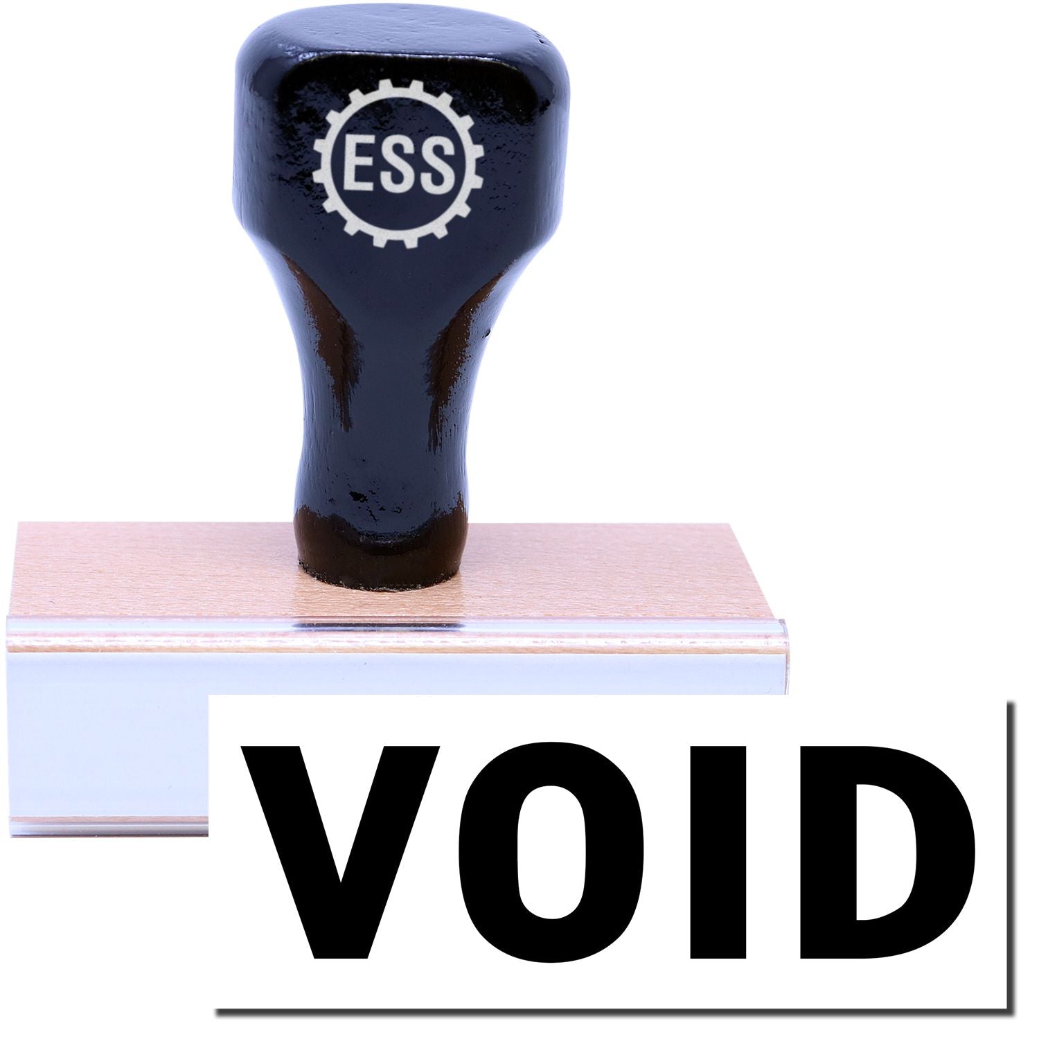 A stock office rubber stamp with a stamped image showing how the text VOID in a large font is displayed after stamping.