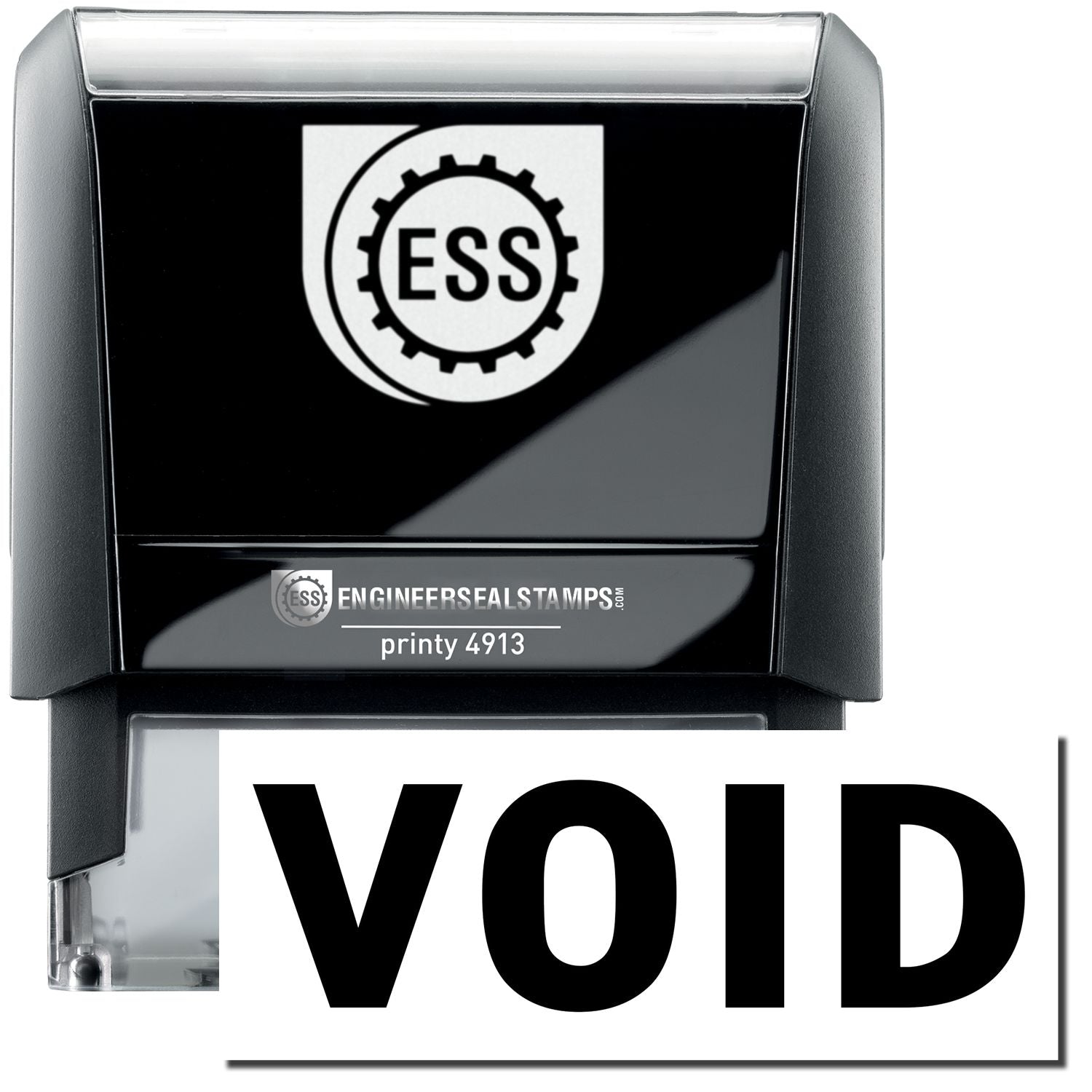 A self-inking stamp with a stamped image showing how the text VOID in a large bold font is displayed by it.