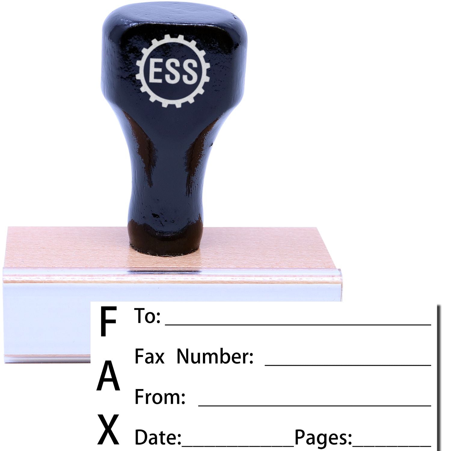 A stock office rubber stamp with a stamped image showing how the text FAX is shown vertically with a space for writing the name of the person to whom the fax is being sent (To:_), Fax Number:_ , the name of the sender (From:_), Date:_ , and the number of pages include (Pages:_) are displayed after stamping.