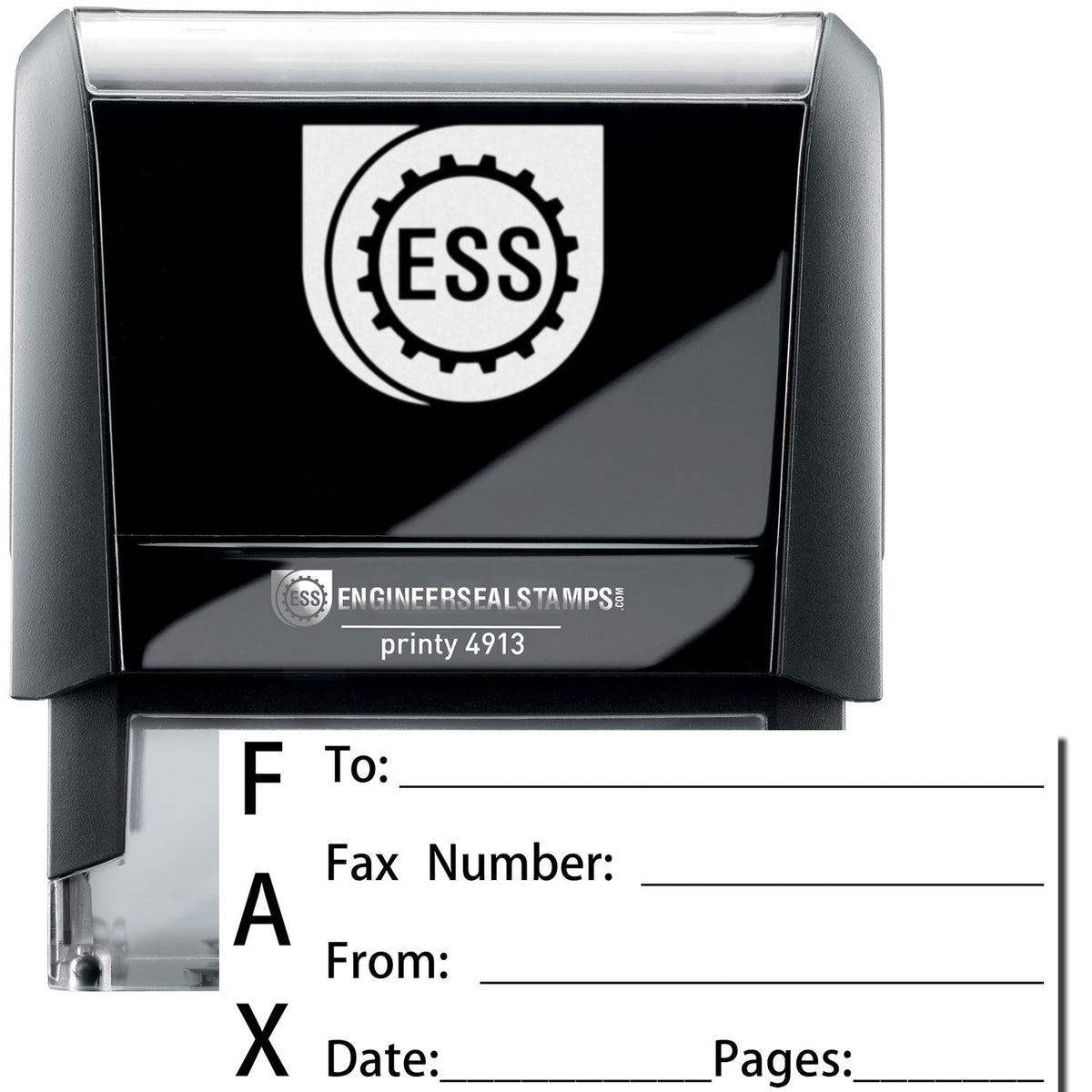 A self-inking stamp with a stamped image showing how the text &quot;FAX&quot; vertically is displayed by it. It also displays a small form beside it in which the details like Fax To, Fax Number, Fax From, Date, and Pages can be mentioned.