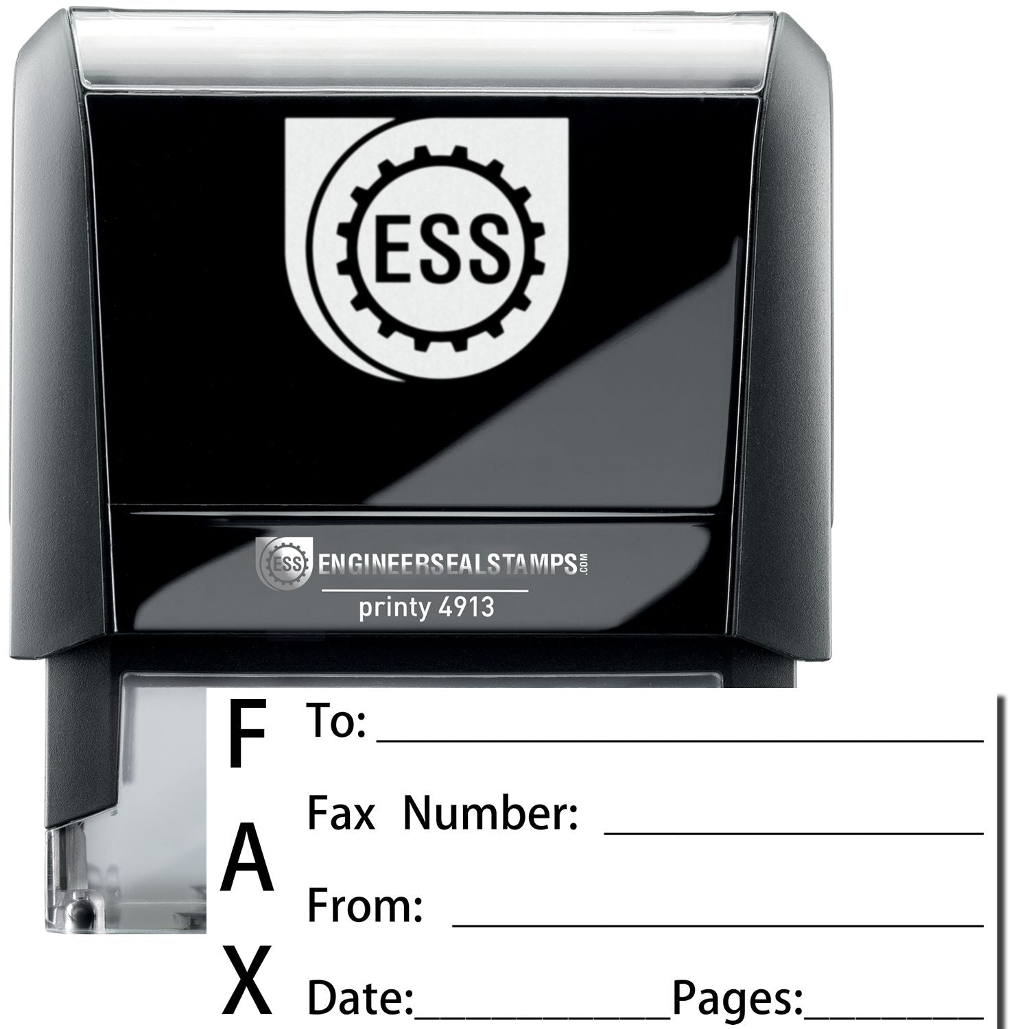 A self-inking stamp with a stamped image showing how the text "FAX" vertically is displayed by it. It also displays a small form beside it in which the details like Fax To, Fax Number, Fax From, Date, and Pages can be mentioned.