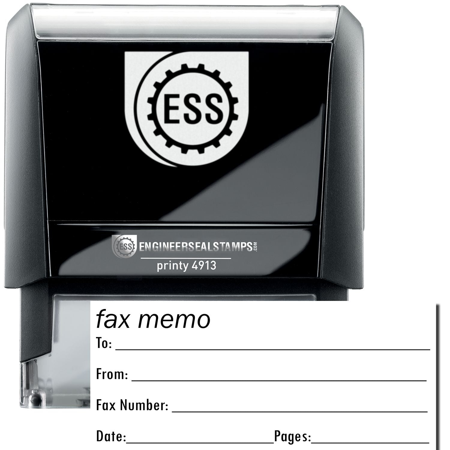 A self-inking stamp with a stamped image showing how the text "fax memo" horizontally is displayed by it. It also displays a small form under it in which the details like Fax To, Fax Number, Fax From, Date, and Pages can be mentioned.