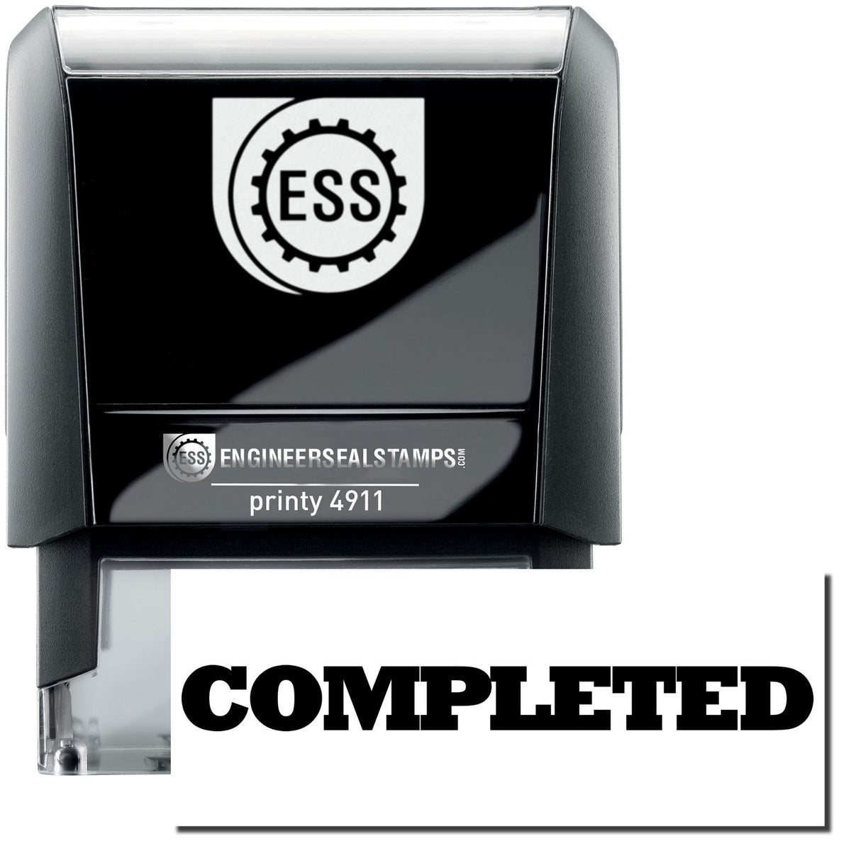 A self-inking stamp with a stamped image showing how the text &quot;COMPLETED&quot; in bold font is displayed after stamping.