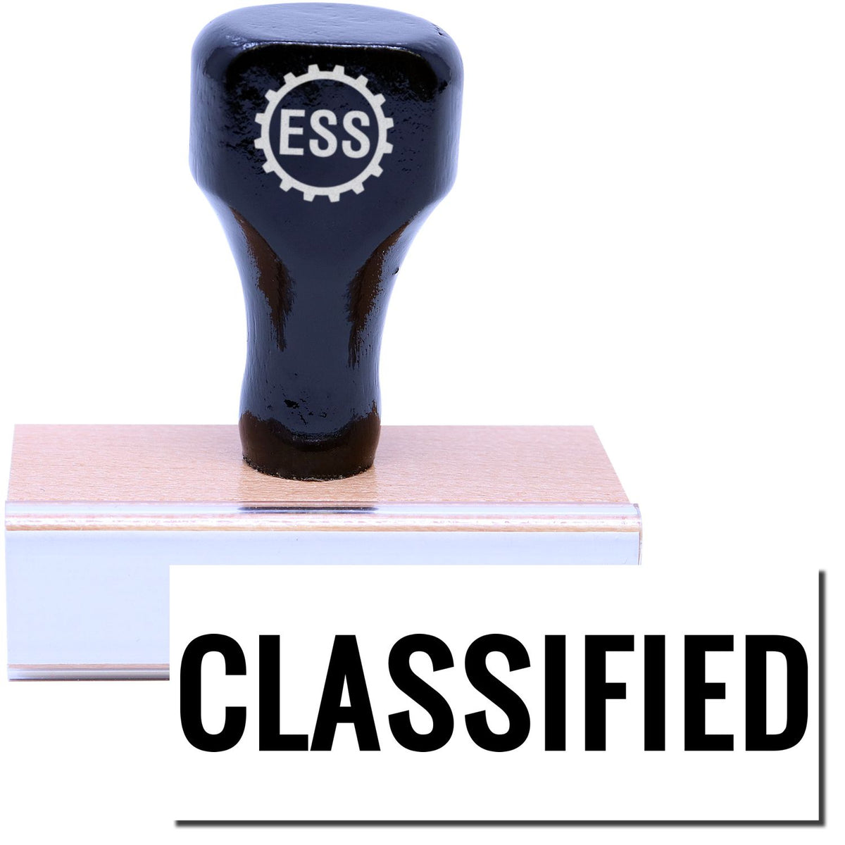 A stock office rubber stamp with a stamped image showing how the text &quot;CLASSIFIED&quot; is displayed after stamping.