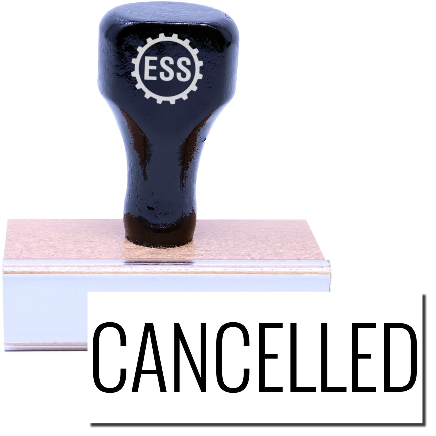 A stock office rubber stamp with a stamped image showing how the text "CANCELLED" in a narrow font is displayed after stamping.
