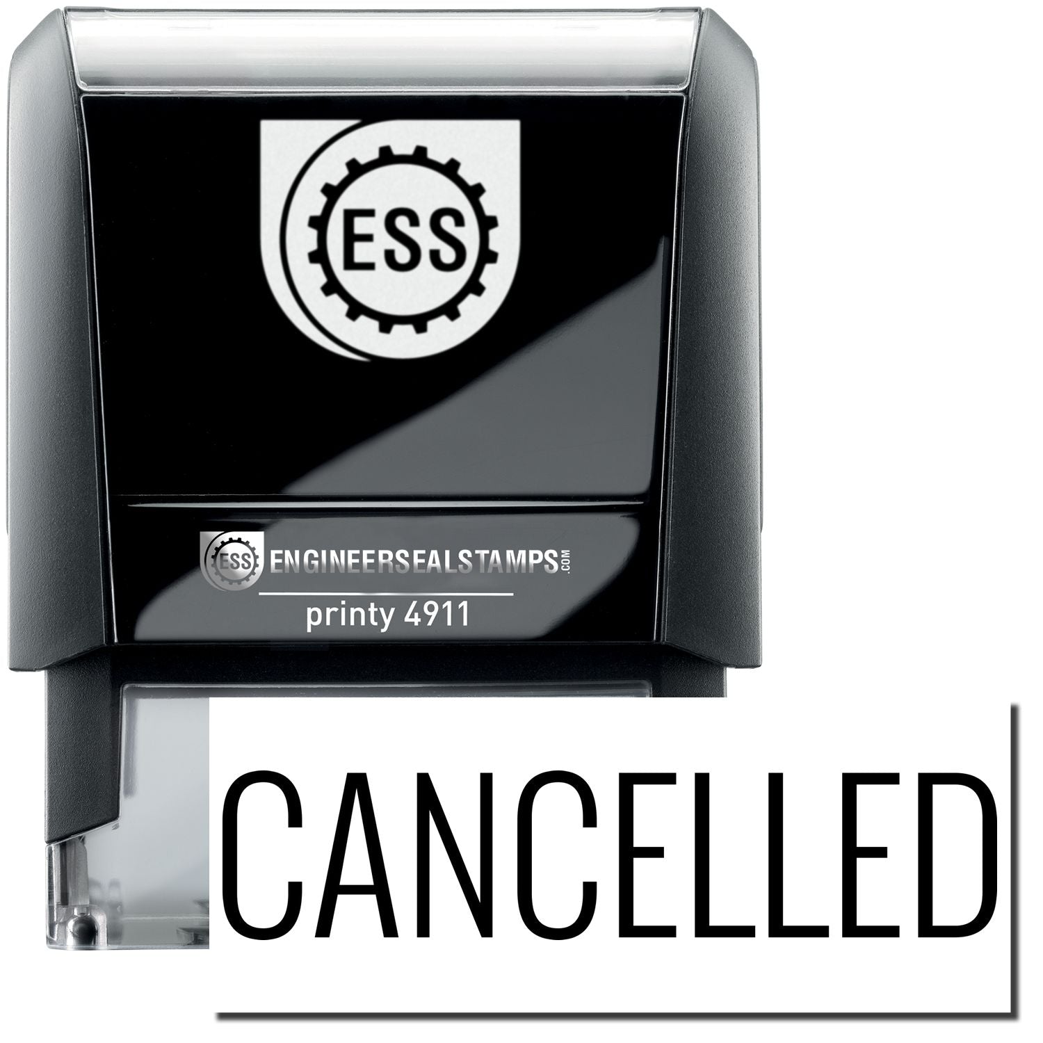 A self-inking stamp with a stamped image showing how the text "CLASSIFIED" in a narrow font is displayed after stamping.