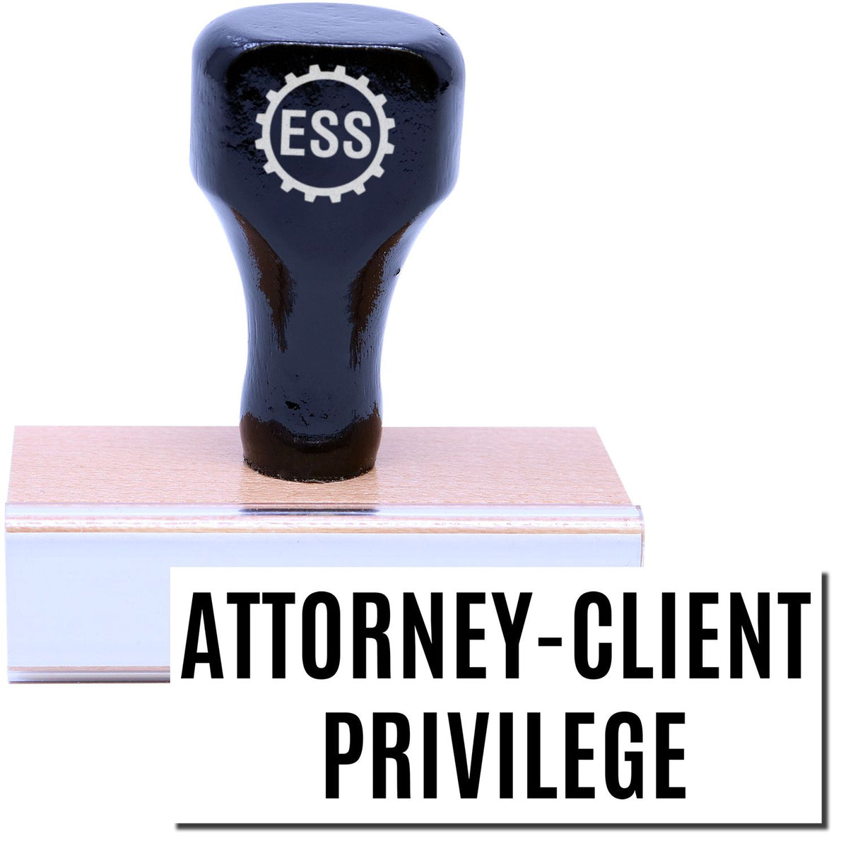 A stock office rubber stamp with a stamped image showing how the text &quot;ATTORNEY-CLIENT PRIVILEGE&quot; is displayed after stamping.