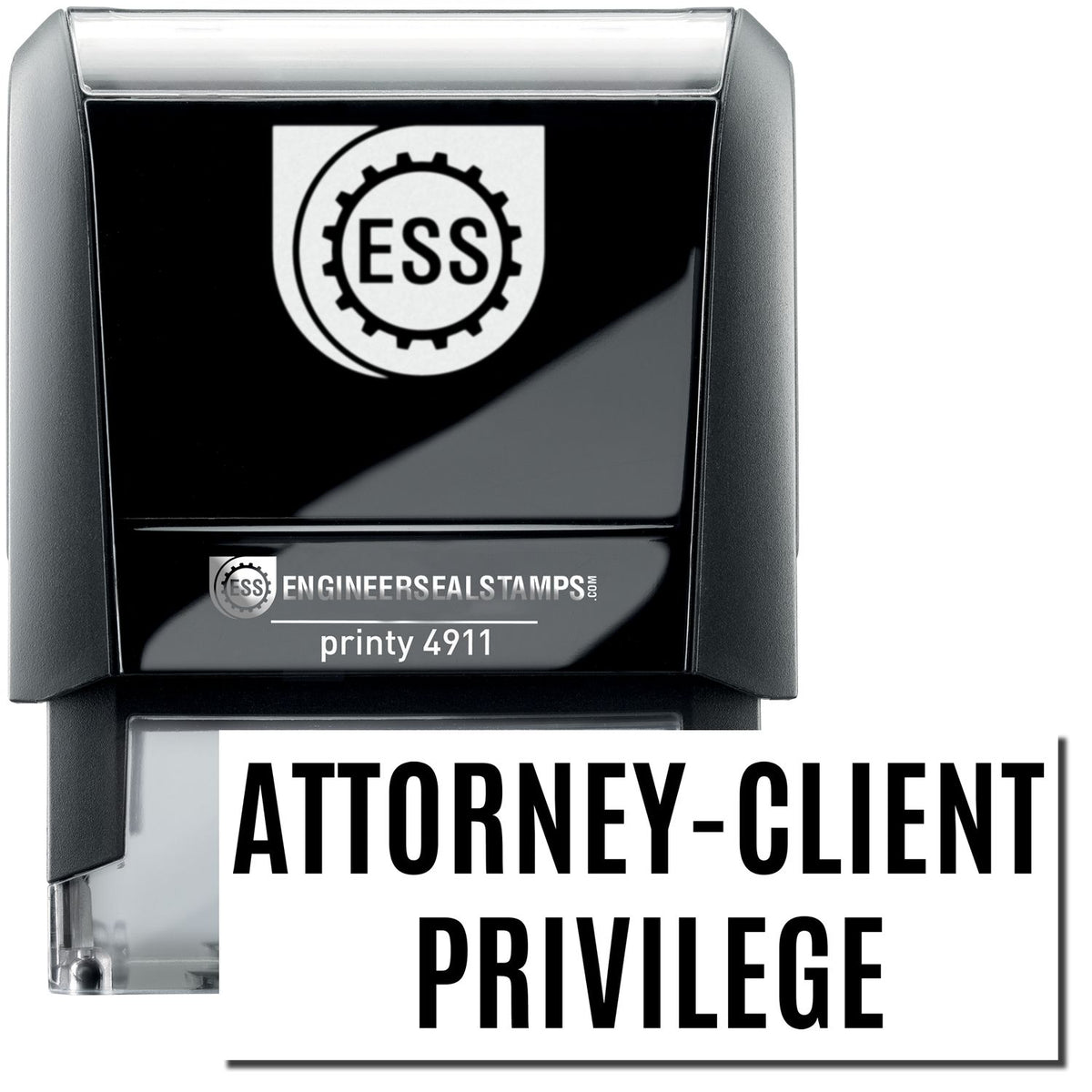 A self-inking stamp with a stamped image showing how the text &quot;ATTORNEY-CLIENT PRIVILEGE&quot; is displayed after stamping.