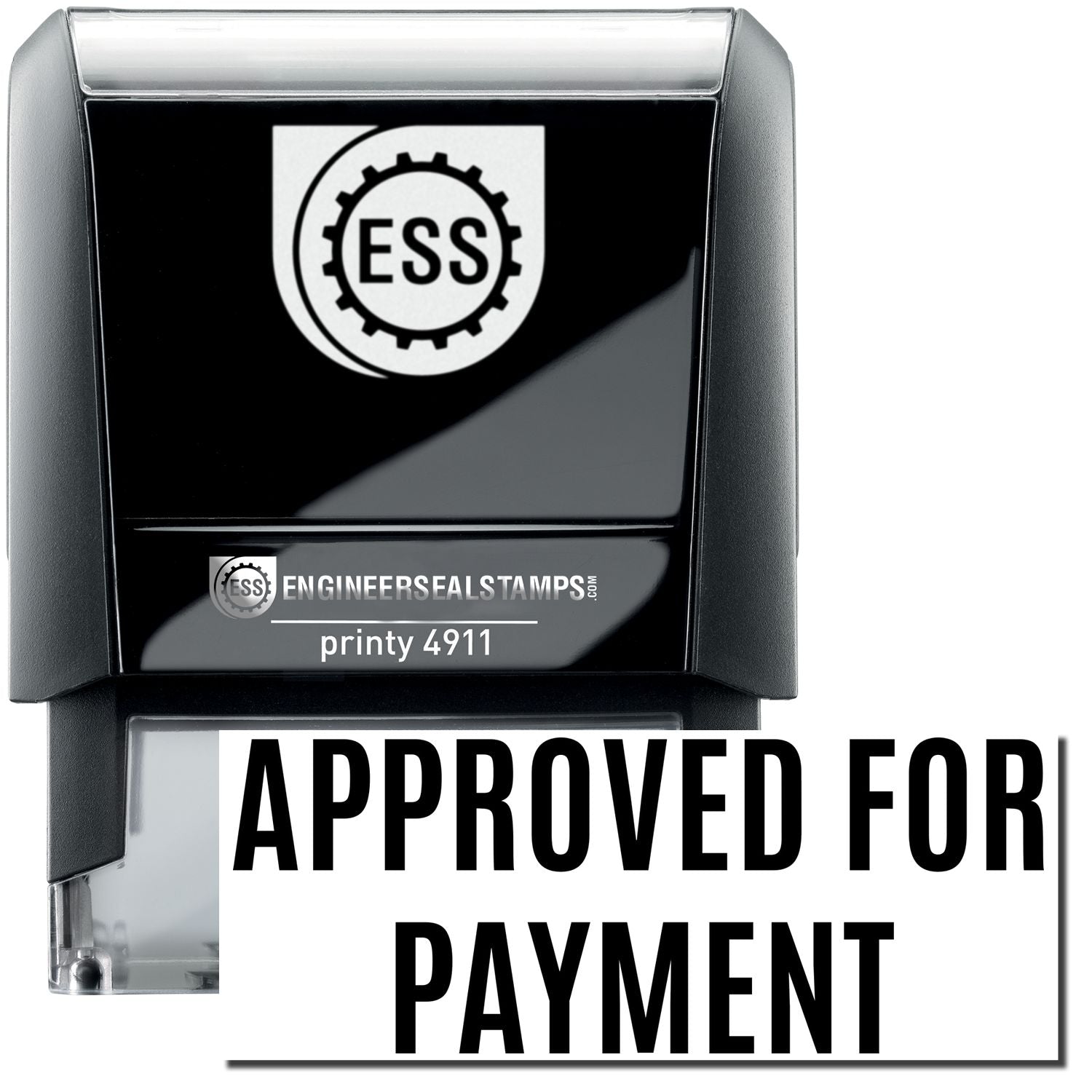 A self-inking stamp with a stamped image showing how the text "APPROVED FOR PAYMENT" in a narrow font is displayed after stamping.
