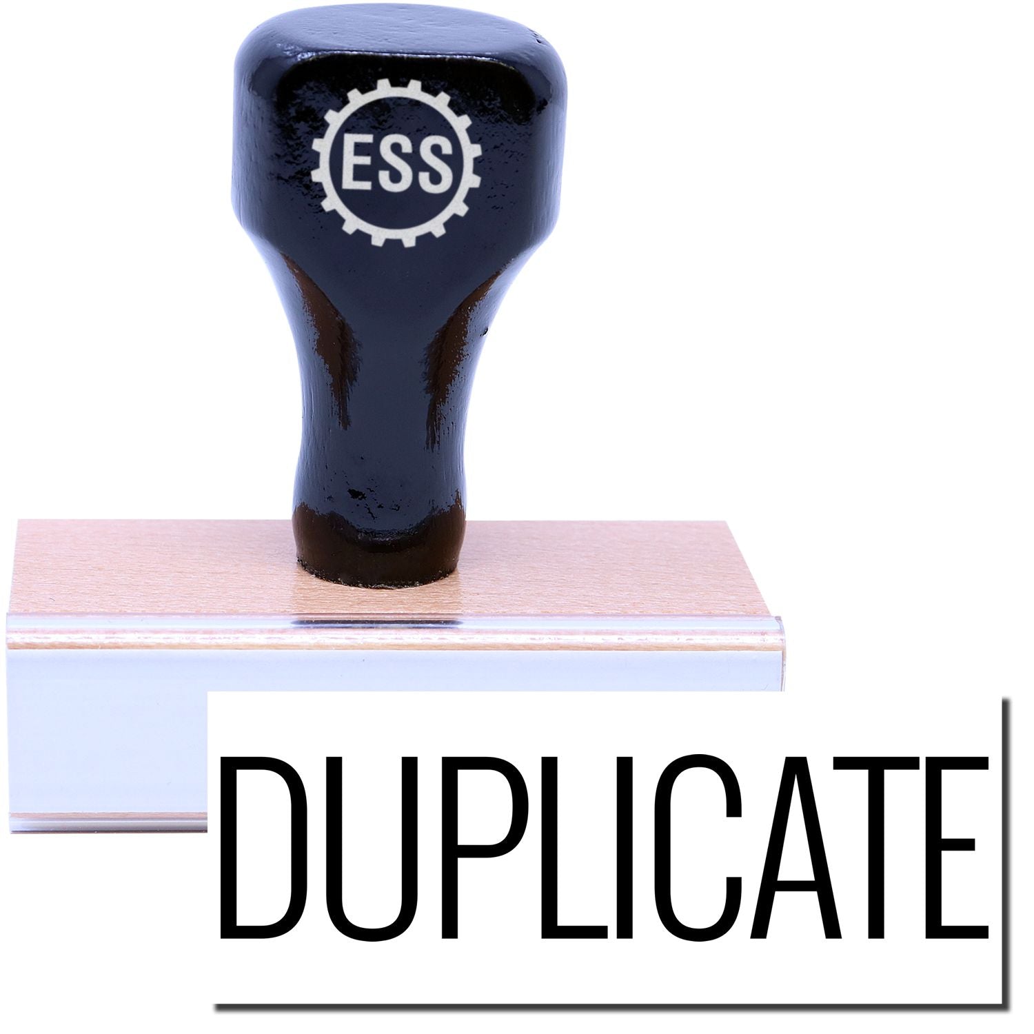 A stock office rubber stamp with a stamped image showing how the text DUPLICATE in a narrow font is displayed after stamping.