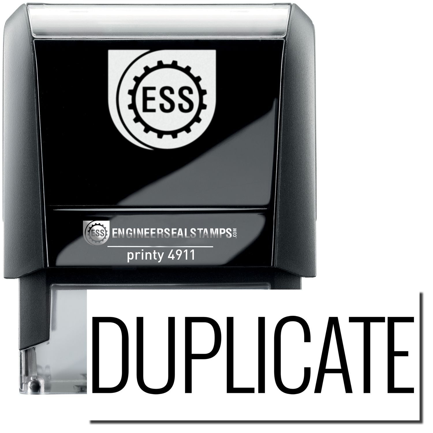 A self-inking stamp with a stamped image showing how the text "DUPLICATE" in a narrow font is displayed after stamping.
