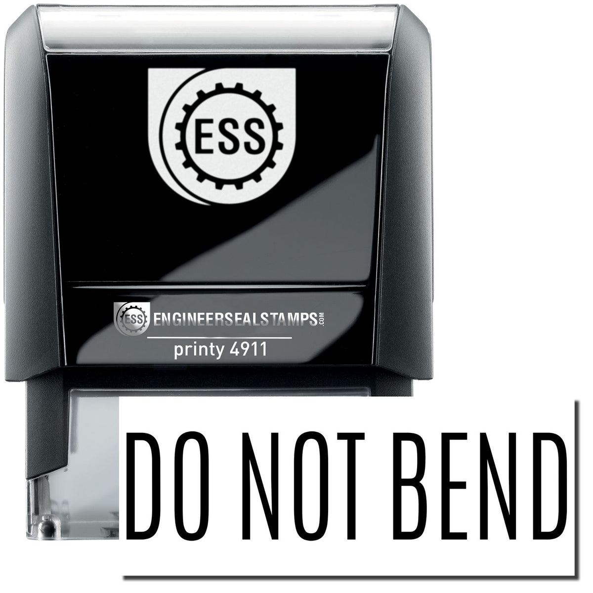 A self-inking stamp with a stamped image showing how the text &quot;DO NOT BEND&quot; is displayed after stamping.