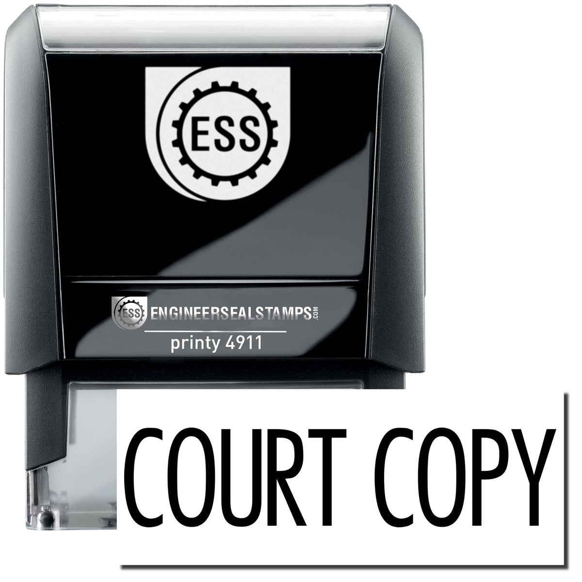 A self-inking stamp with a stamped image showing how the text &quot;COURT COPY&quot; in a narrow font is displayed after stamping.