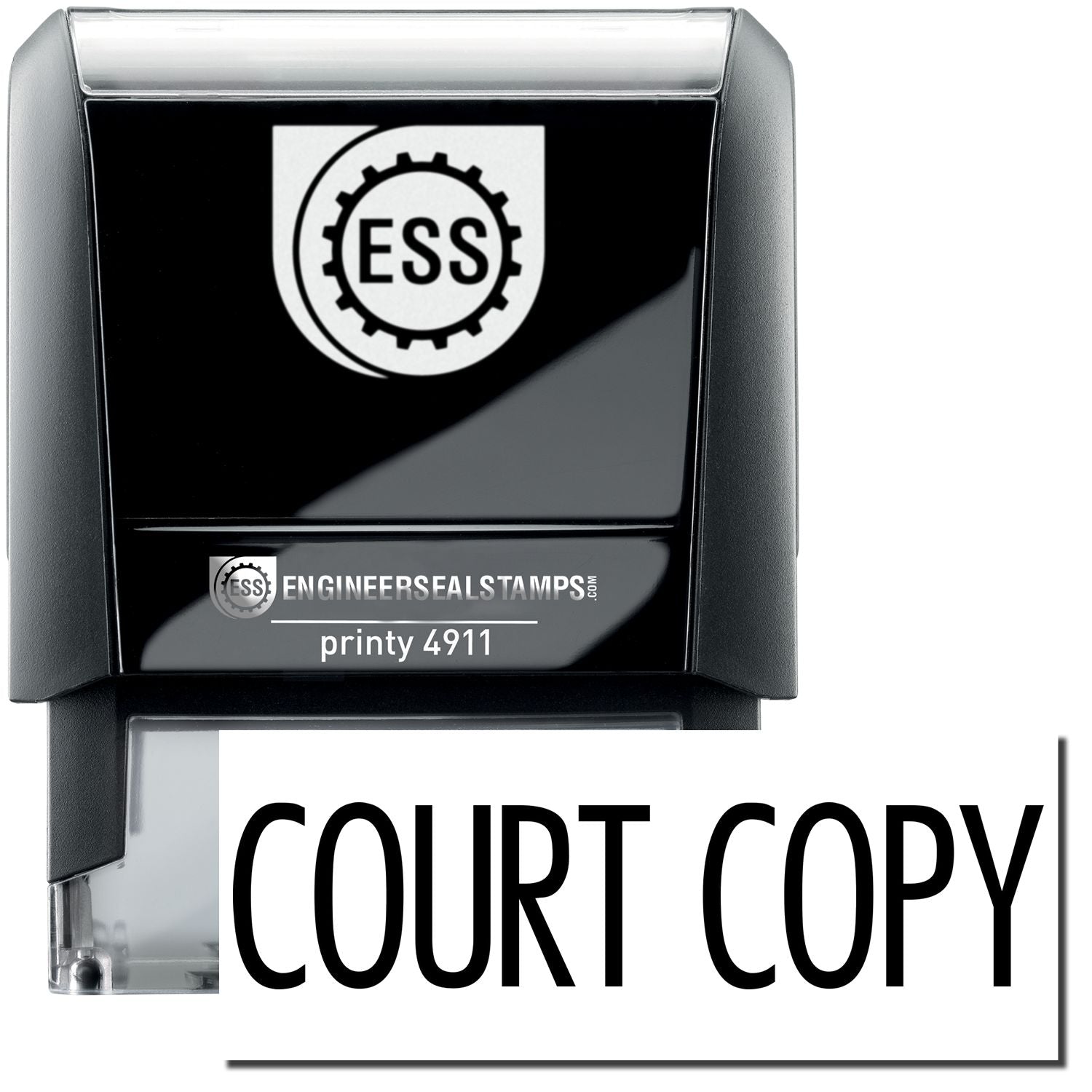 A self-inking stamp with a stamped image showing how the text "COURT COPY" in a narrow font is displayed after stamping.
