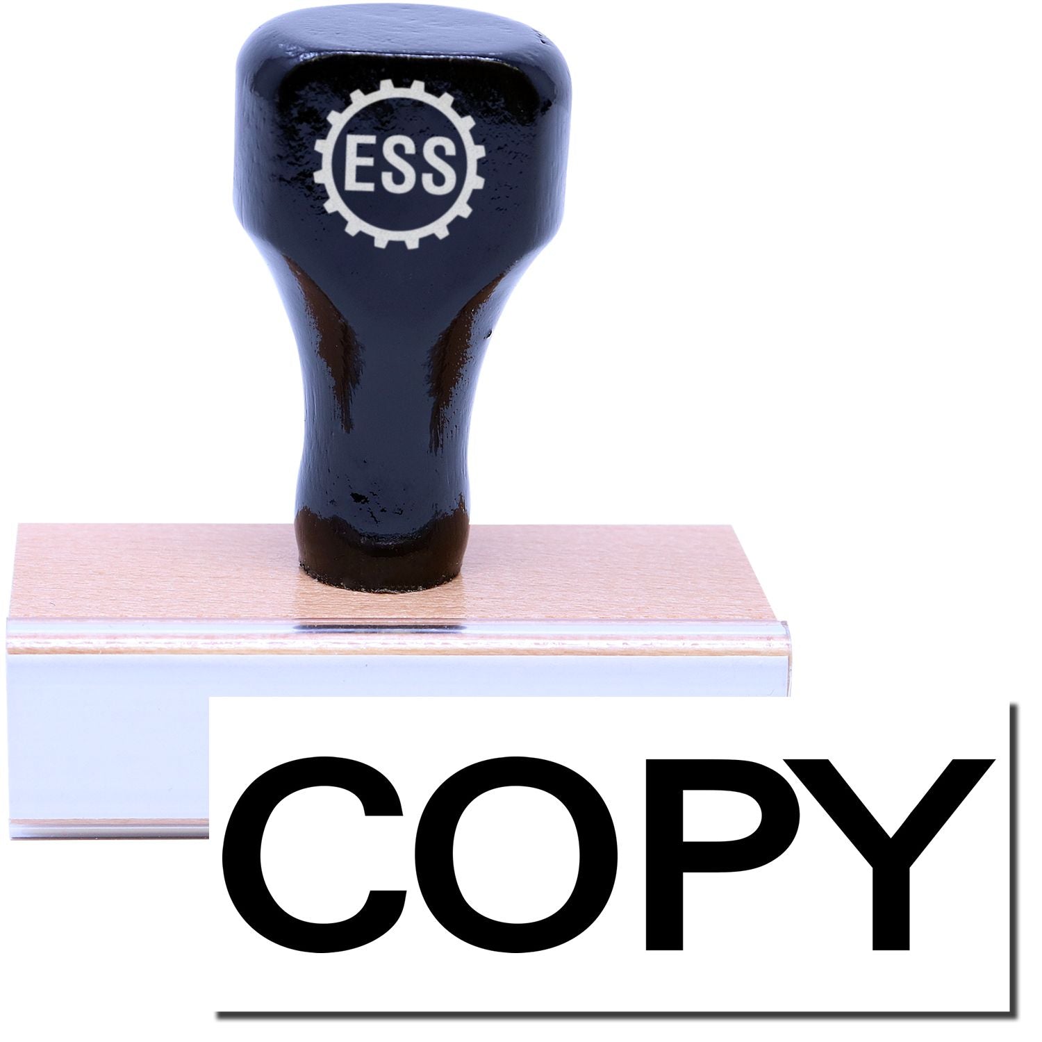 A stock office rubber stamp with a stamped image showing how the text "COPY" in bold font is displayed after stamping.