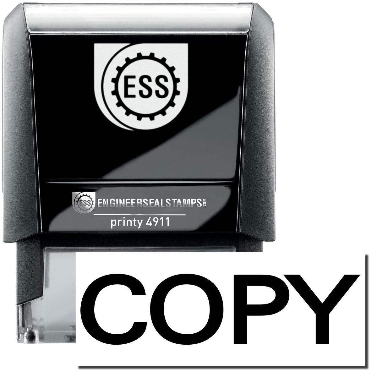 A self-inking stamp with a stamped image showing how the text &quot;COPY&quot; in bold font is displayed after stamping.