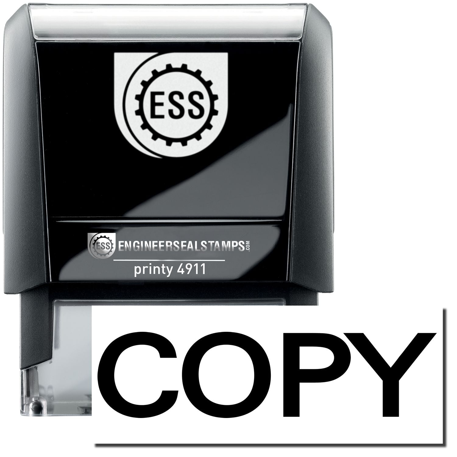 A self-inking stamp with a stamped image showing how the text "COPY" in bold font is displayed after stamping.