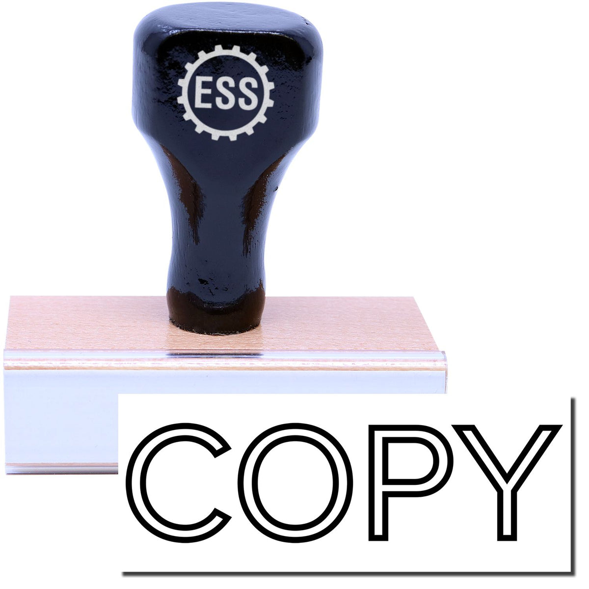 A stock office rubber stamp with a stamped image showing how the text &quot;COPY&quot; in an outline font is displayed after stamping.