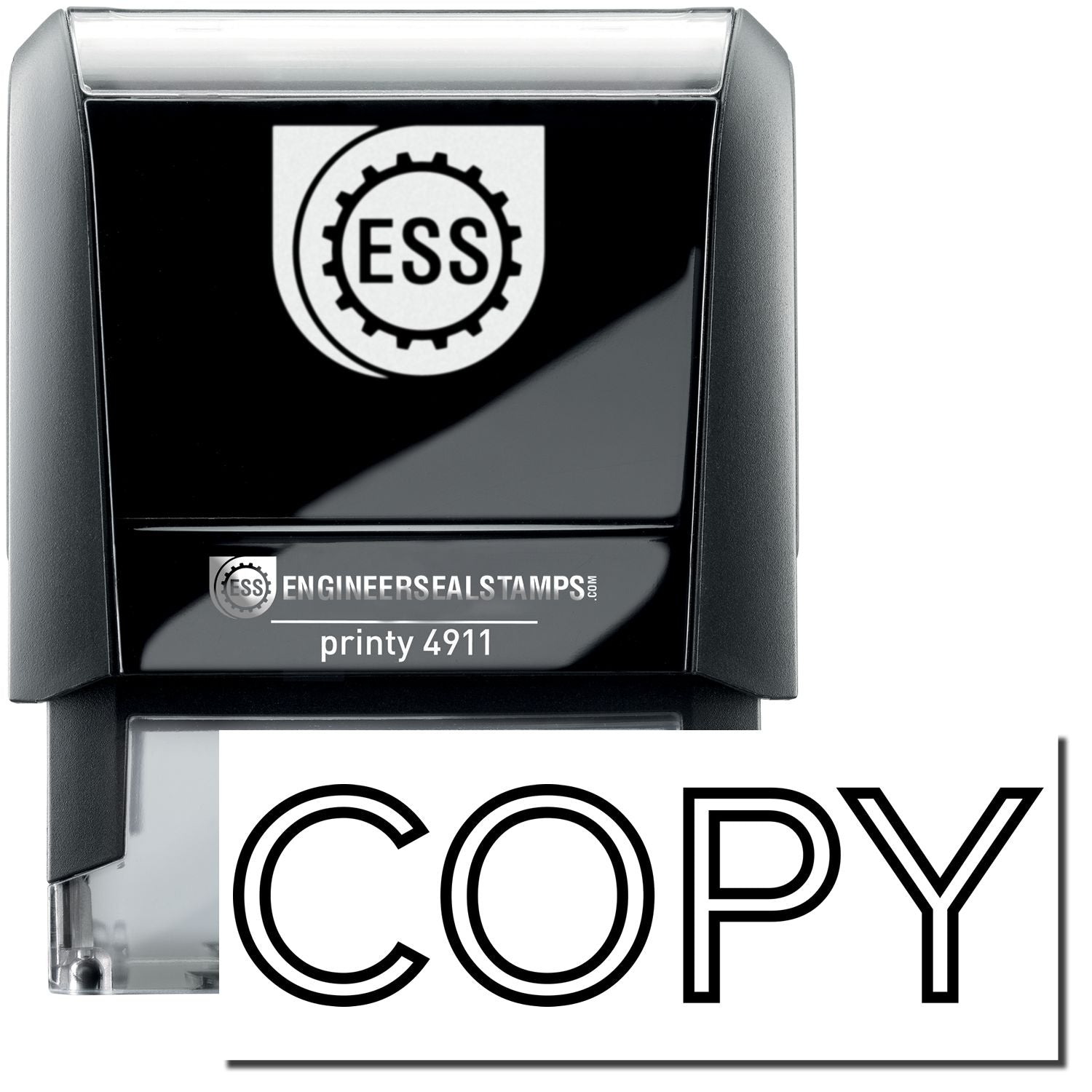 A self-inking stamp with a stamped image showing how the text "COPY" in an outline font is displayed after stamping.