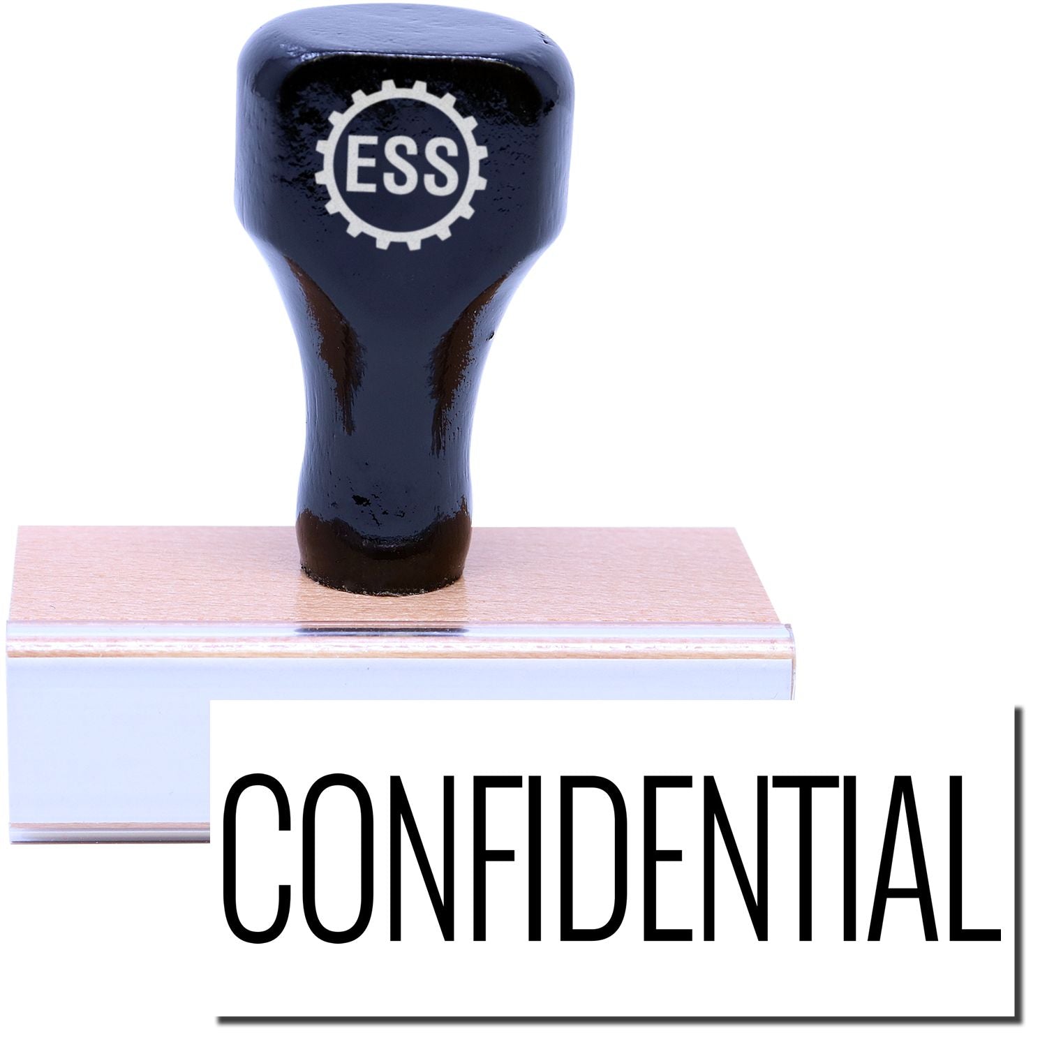 A stock office rubber stamp with a stamped image showing how the text CONFIDENTIAL in a narrow font is displayed after stamping.