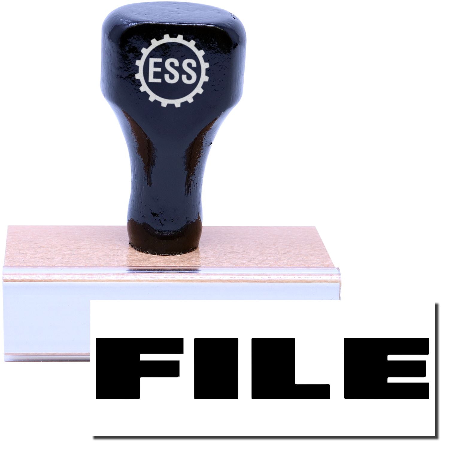 A stock office rubber stamp with a stamped image showing how the text FILE in bold font is displayed after stamping.