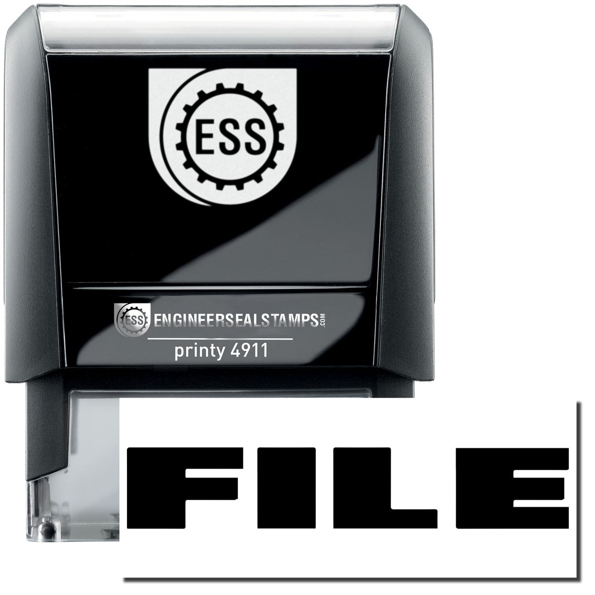 A self-inking stamp with a stamped image showing how the text &quot;FILE&quot; in bold font is displayed after stamping.