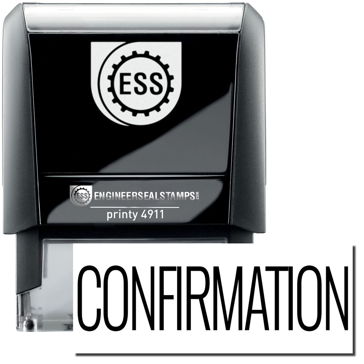 A self-inking stamp with a stamped image showing how the text &quot;CONFIRMATION&quot; is displayed after stamping.