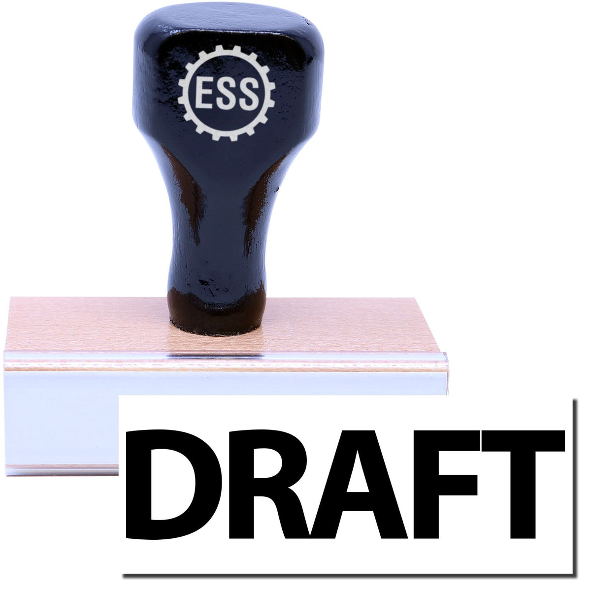 A stock office rubber stamp with a stamped image showing how the text &quot;DRAFT&quot; in bold font is displayed after stamping.