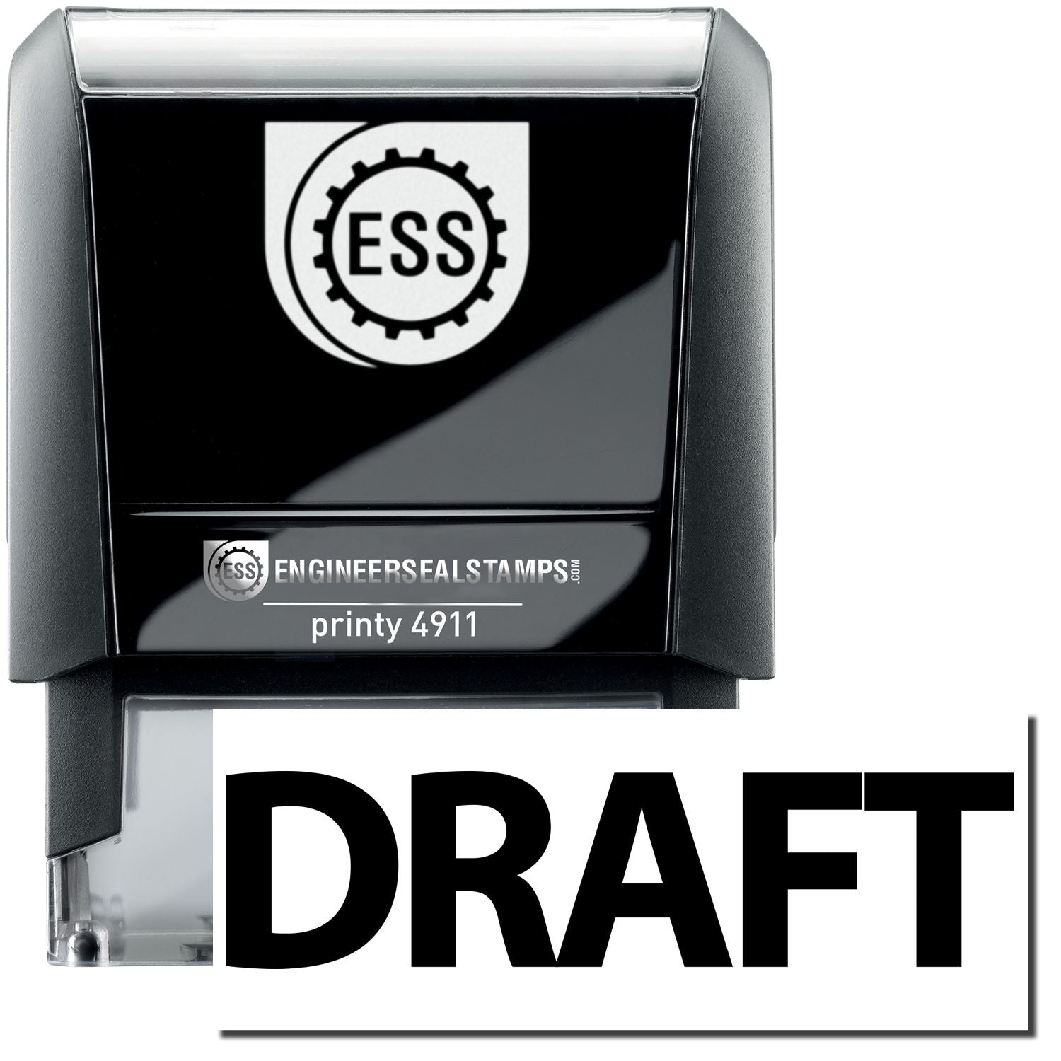 A self-inking stamp with a stamped image showing how the text DRAFT in bold font is displayed after stamping.