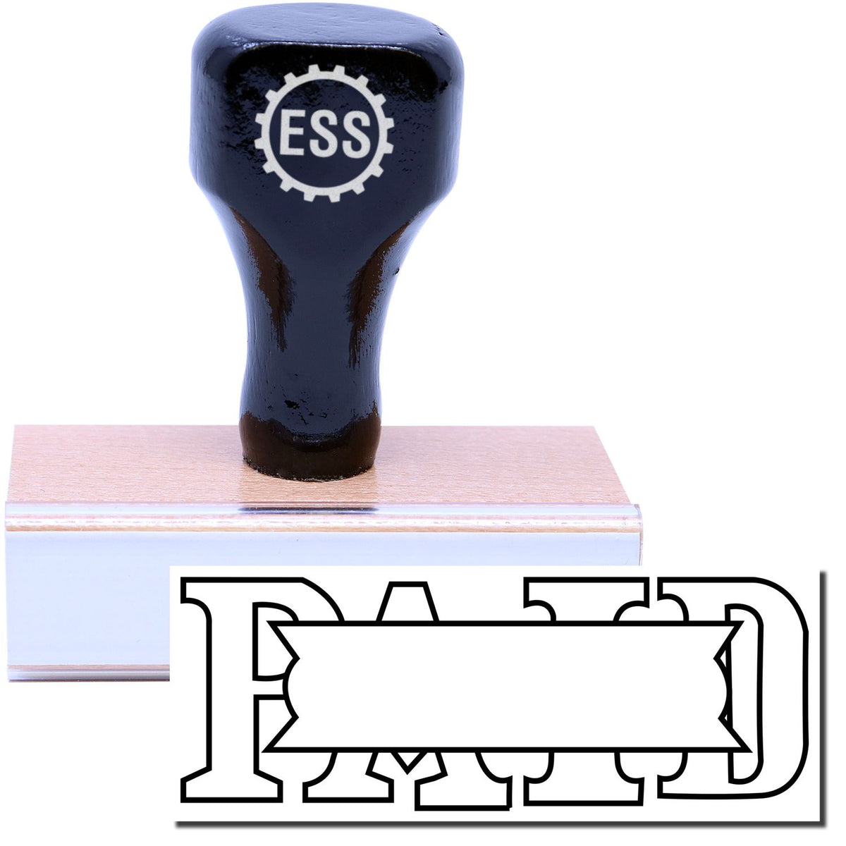 A stock office rubber stamp with a stamped image showing how the text &quot;PAID&quot; in an outline fone with a small box in the center of the text is displayed after stamping.