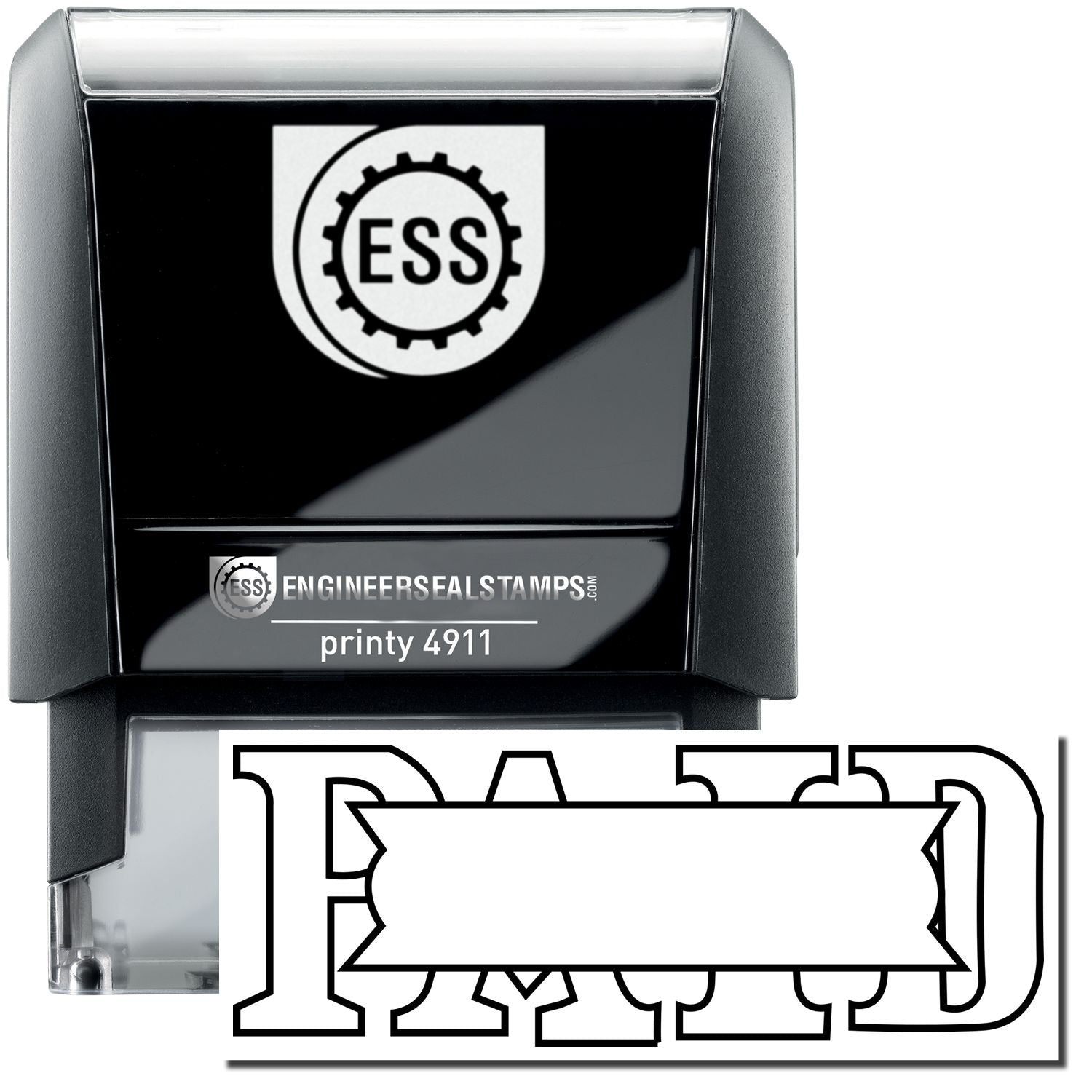 A self-inking stamp with a stamped image showing how the text "PAID" in an outline font with a small box to add a date or time to is displayed after stamping.