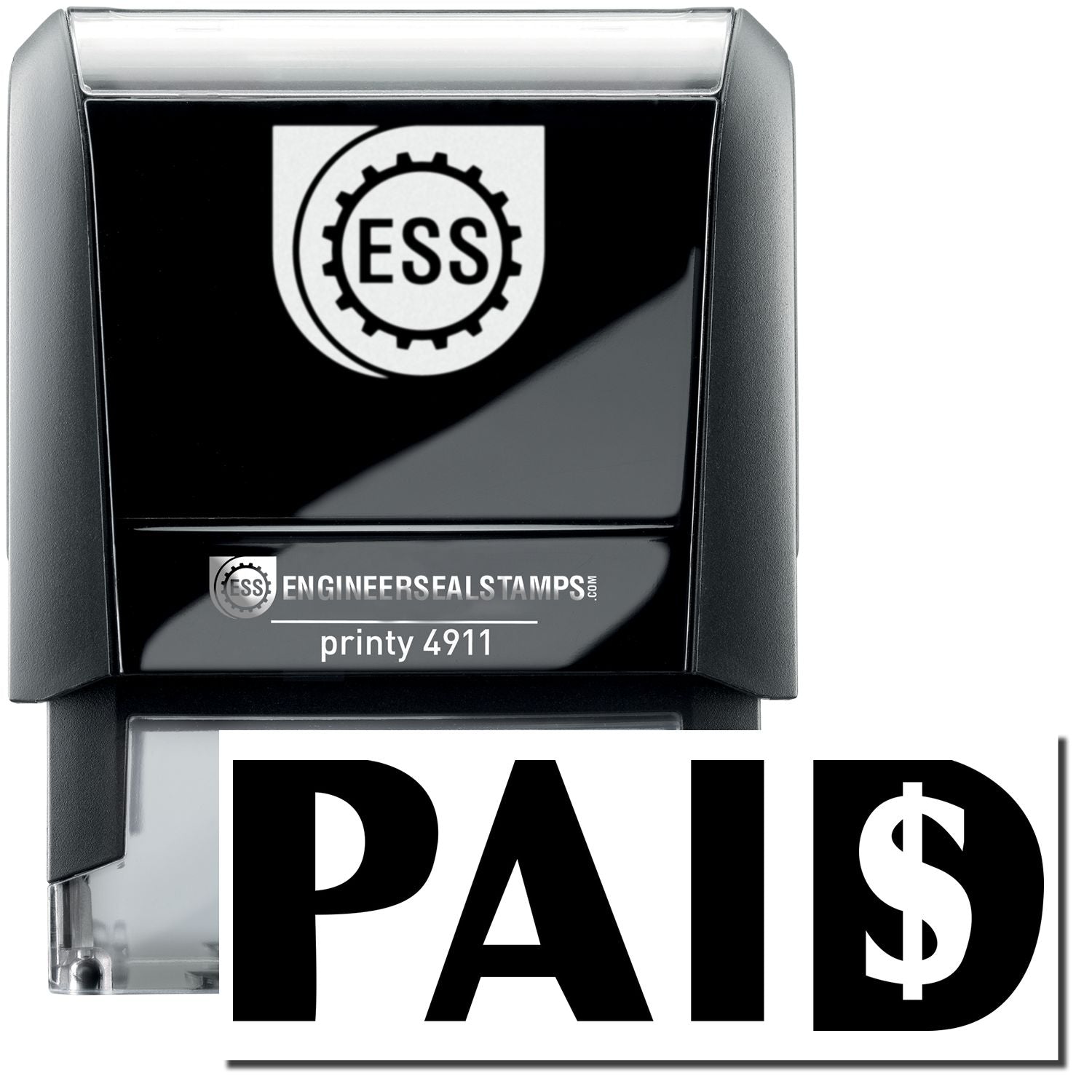 A self-inking stamp with a stamped image showing how the text "PAID" in bold font with a dollar sign inside the letter "D" is displayed after stamping.