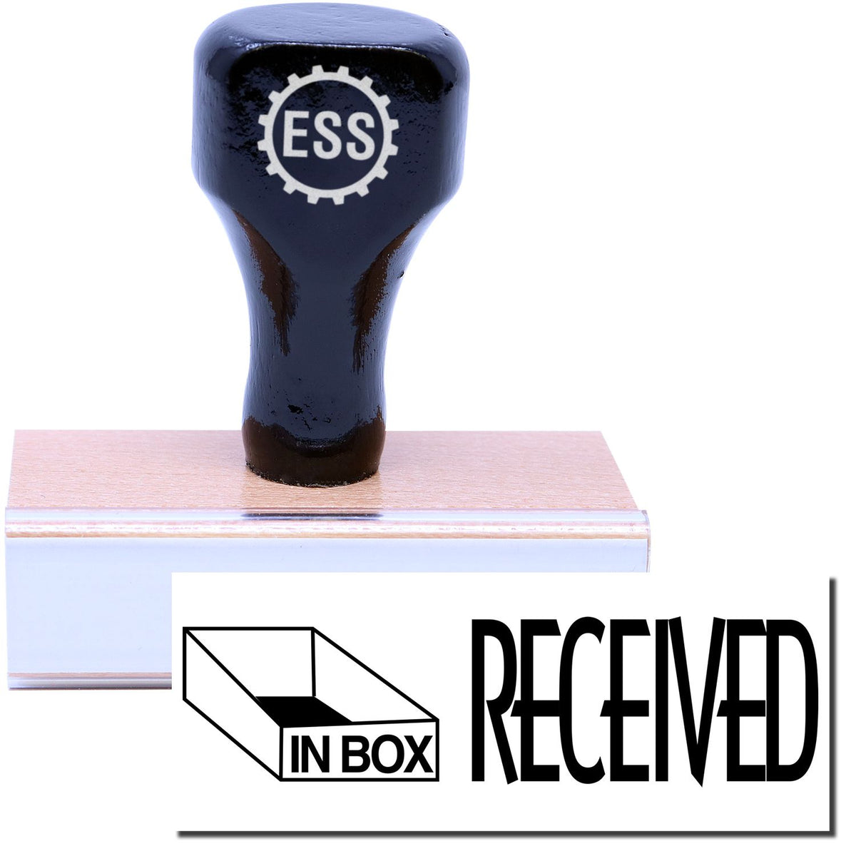 A stock office rubber stamp with a stamped image showing how the text &quot;RECEIVED&quot; with a small graphic of an office inbox on the left side is displayed after stamping.