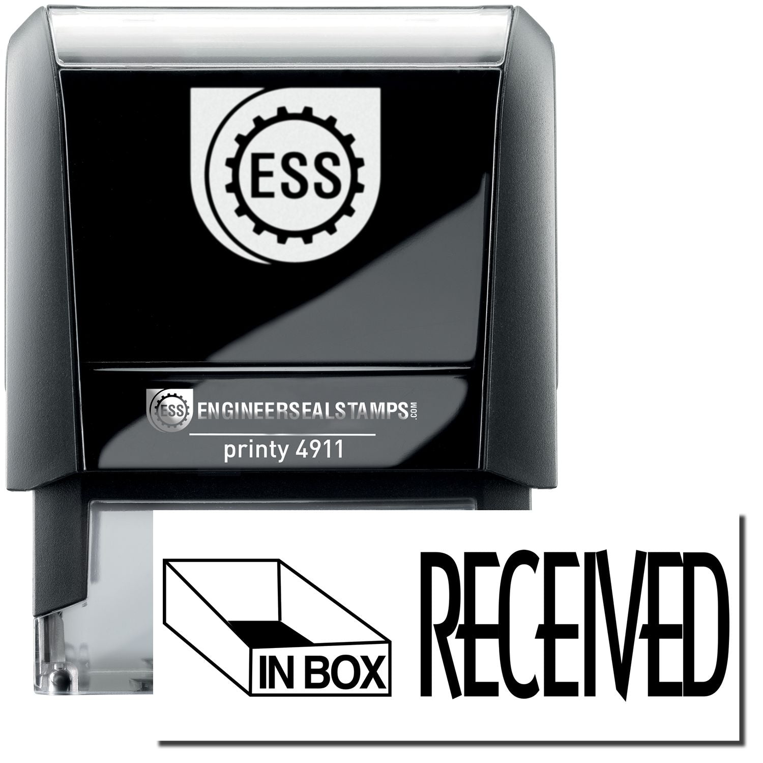 A self-inking stamp with a stamped image showing how the text "RECEIVED" with an in box icon on the left side is displayed after stamping.