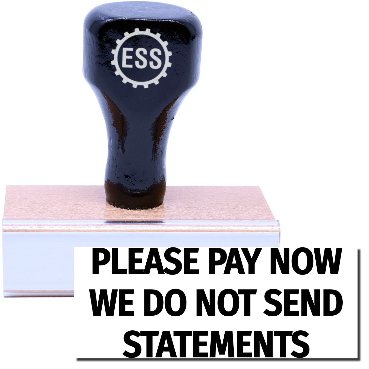 A stock office rubber stamp with a stamped image showing how the texts "PLEASE PAY NOW" and "WE DO NOT SEND STATEMENTS" are displayed after stamping.