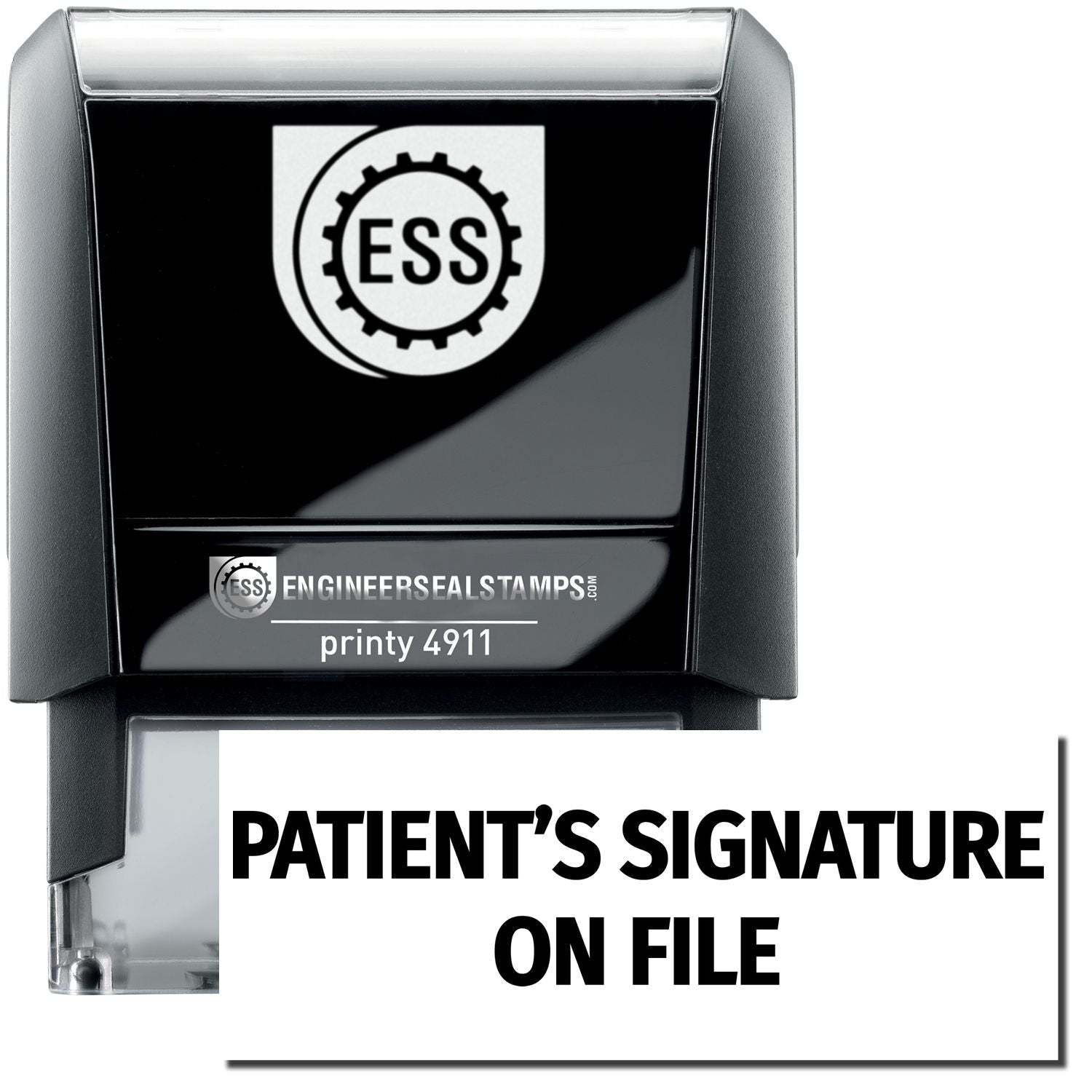 A self-inking stamp with a stamped image showing how the text "PATIENT'S SIGNATURE ON FILE" is displayed after stamping.