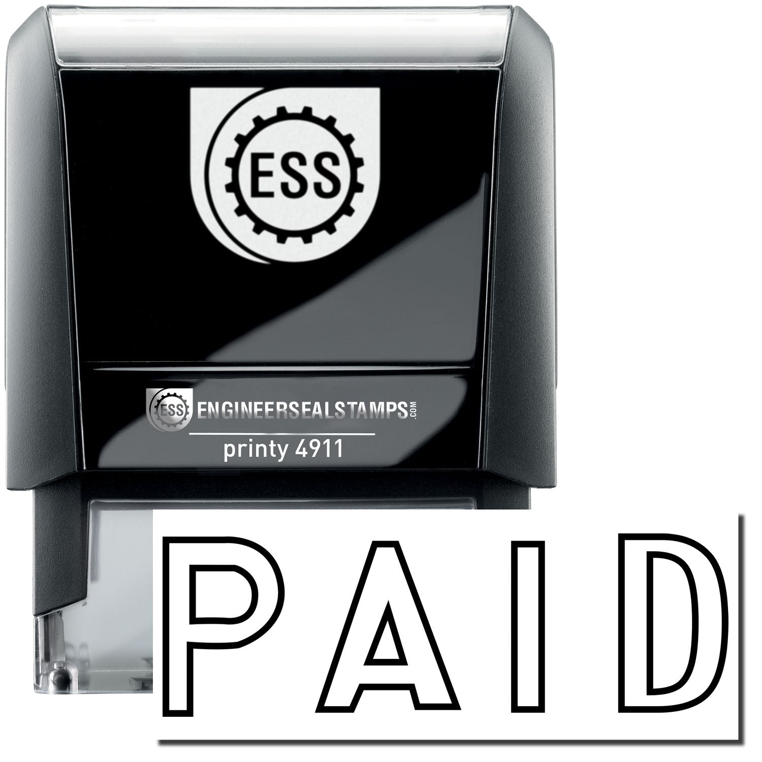 A self-inking stamp with a stamped image showing how the text "PAID" in an outline style is displayed after stamping.