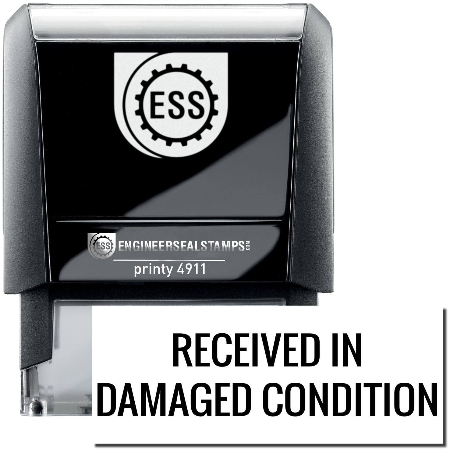 A self-inking stamp with a stamped image showing how the text "RECEIVED IN DAMAGED CONDITION" is displayed after stamping.