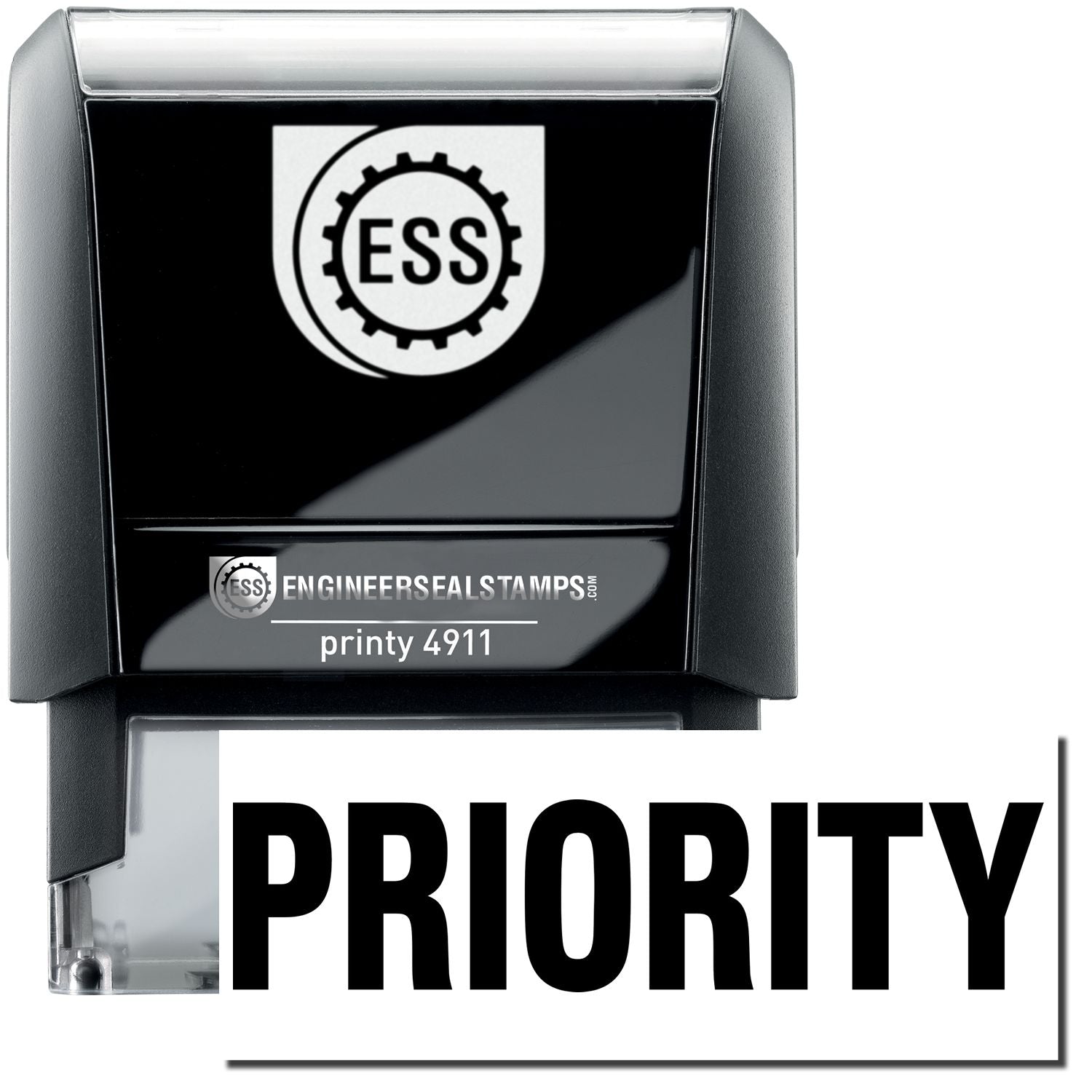 A self-inking stamp with a stamped image showing how the text "PRIORITY" in bold font is displayed after stamping.
