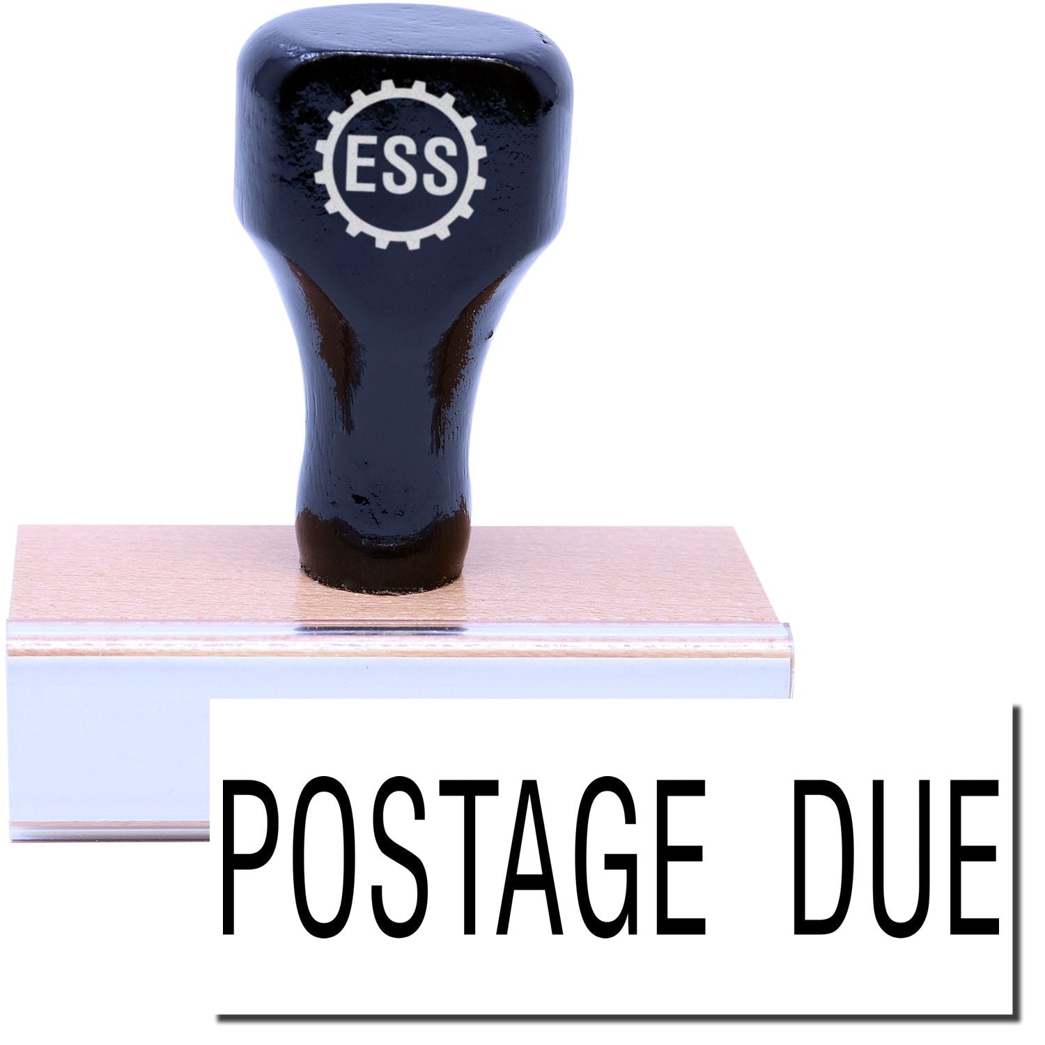 A stock office rubber stamp with a stamped image showing how the text POSTAGE DUE is displayed after stamping.