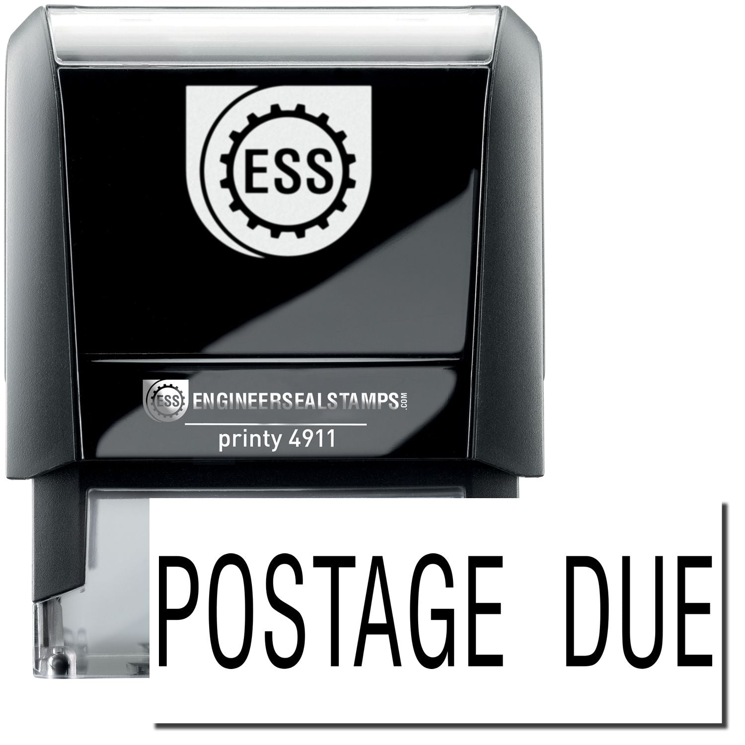 A self-inking stamp with a stamped image showing how the text "POSTAGE DUE" is displayed after stamping.