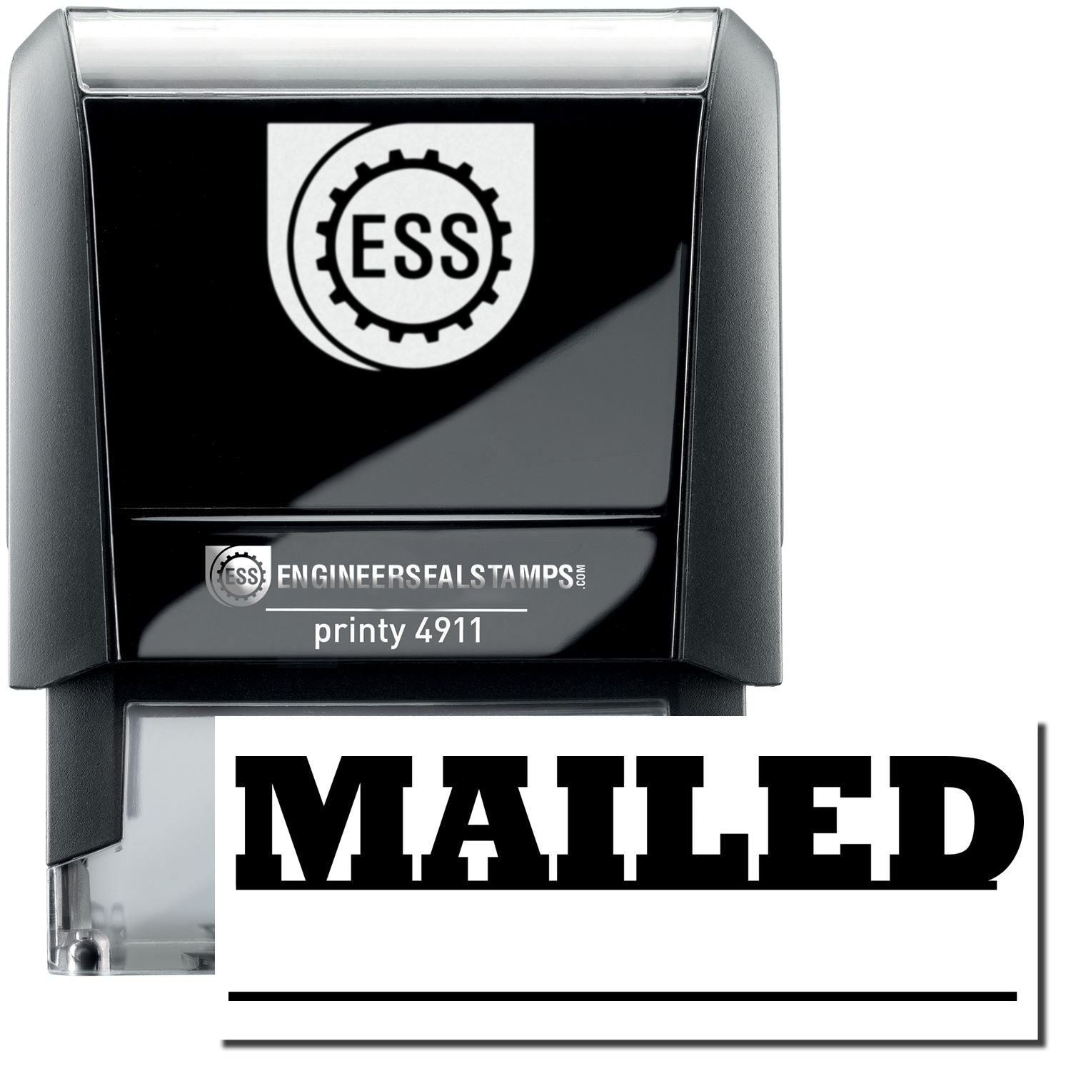 A self-inking stamp with a stamped image showing how the text "MAILED" in a large font with a line underneath where a date, time, or signature can be placed is displayed after stamping.