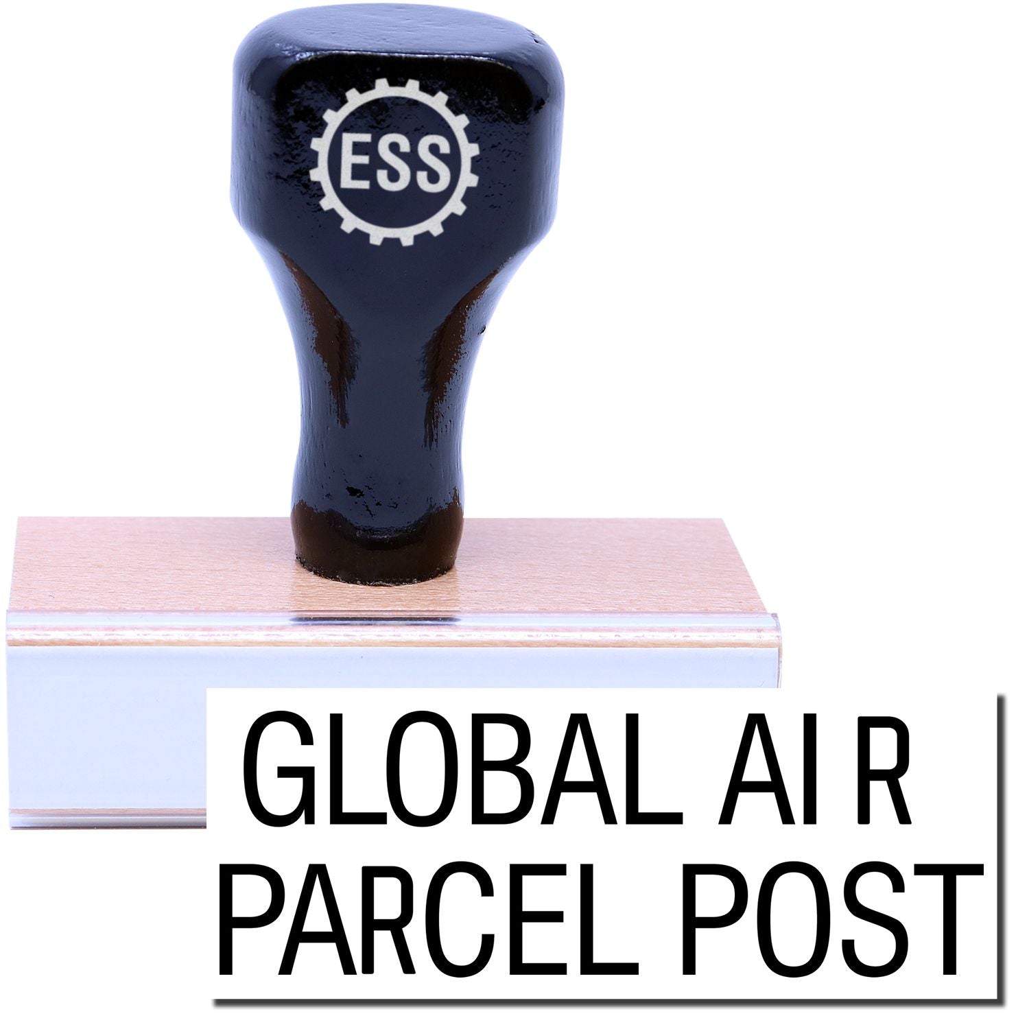 A stock office rubber stamp with a stamped image showing how the text GLOBAL AIR PARCEL POST is displayed after stamping.