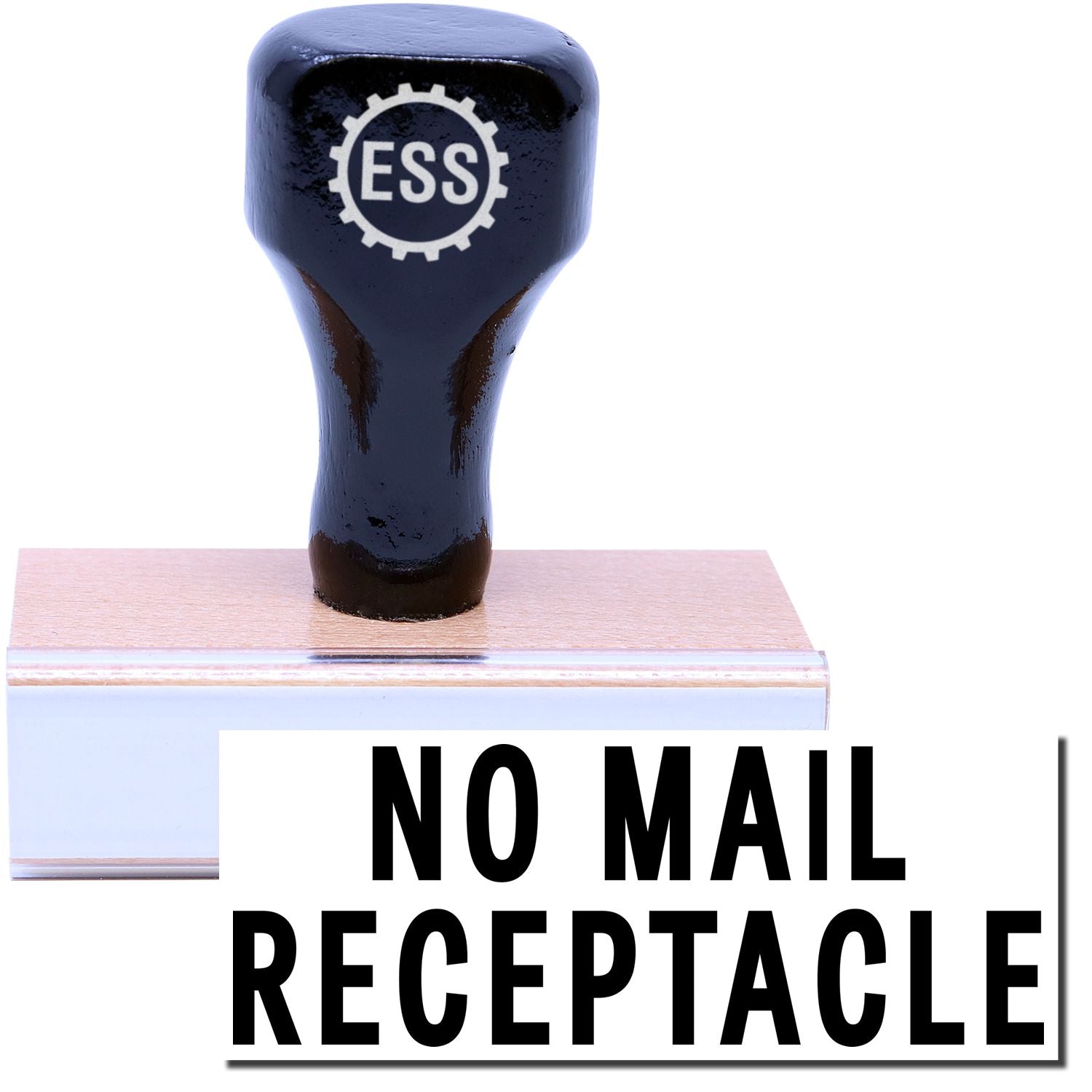 A stock office rubber stamp with a stamped image showing how the text NO MAIL RECEPTACLE is displayed after stamping.