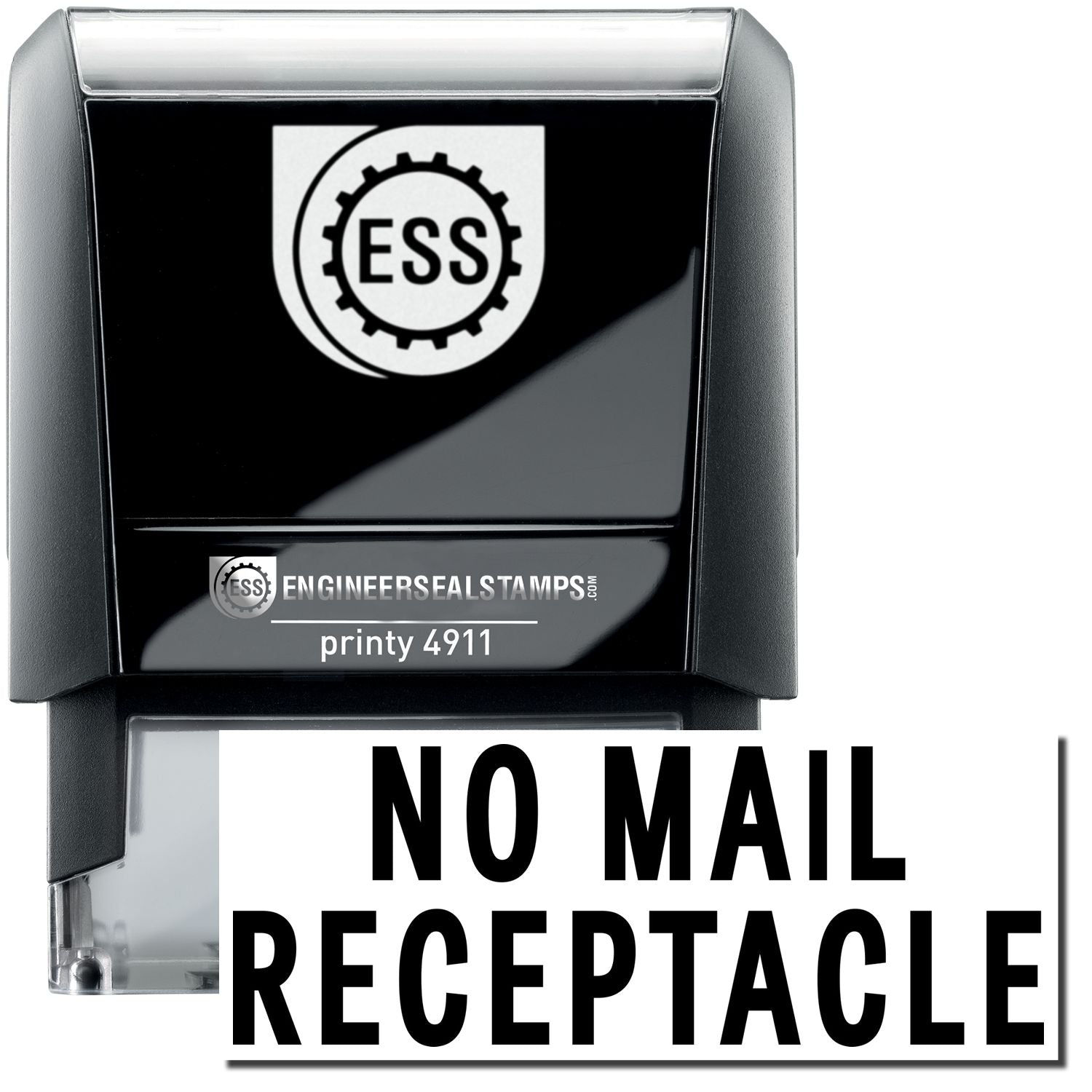 A self-inking stamp with a stamped image showing how the text "NO MAIL RECEPTACLE" is displayed after stamping.