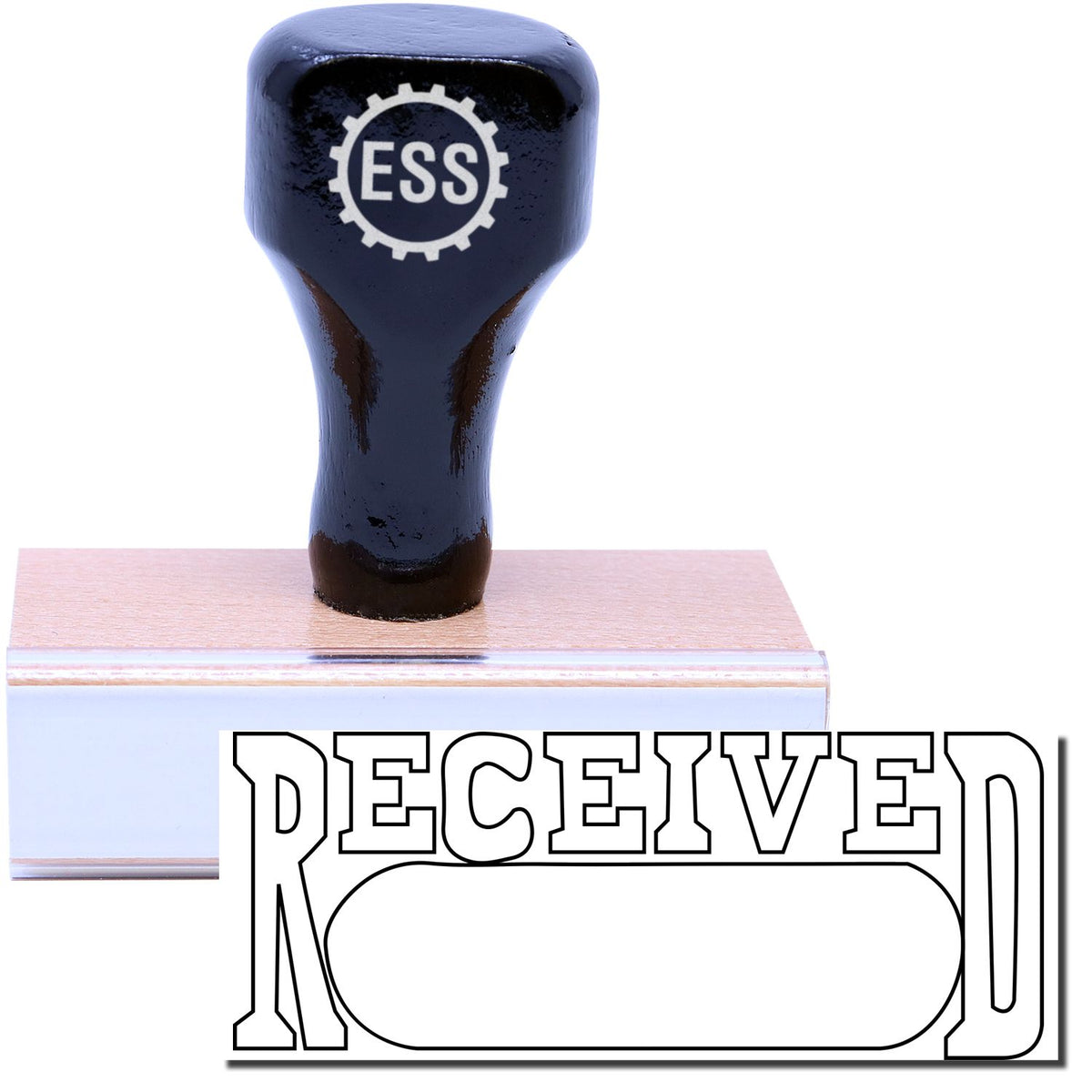 A stock office rubber stamp with a stamped image showing how the text &quot;RECEIVED&quot; in an outline font with a date box is displayed after stamping.