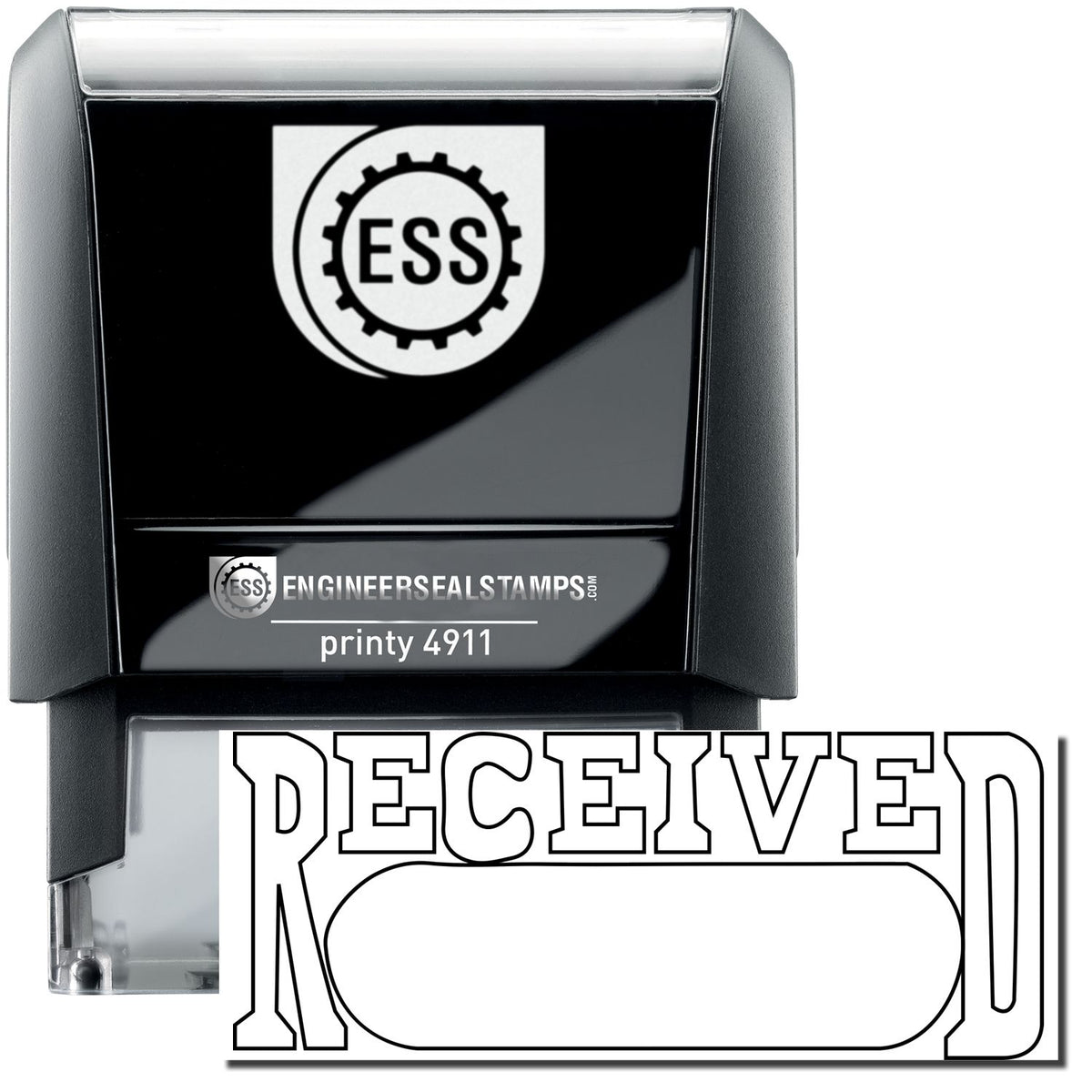 A self-inking stamp with a stamped image showing how the text &quot;RECEIVED&quot; in an outline font with a date box is displayed after stamping.